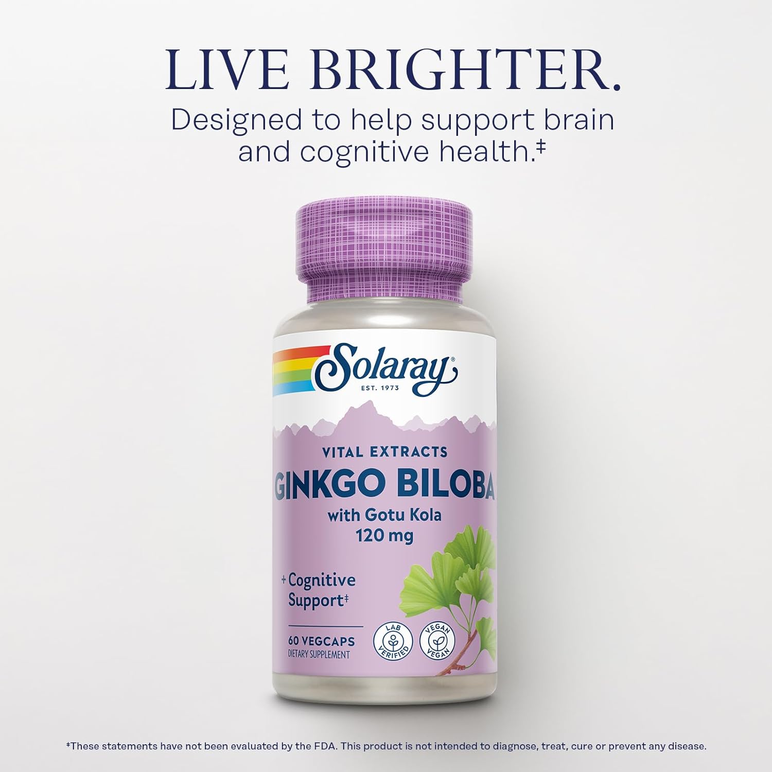 SOLARAY Ginkgo Biloba Extract with Gotu Kola - Ginko Biloba Capsules for Brain Health Support - Vegan, Lab Verified, 60-Day Guarantee - 60 Servings, 60 VegCaps (60 VegCaps) - Image 3