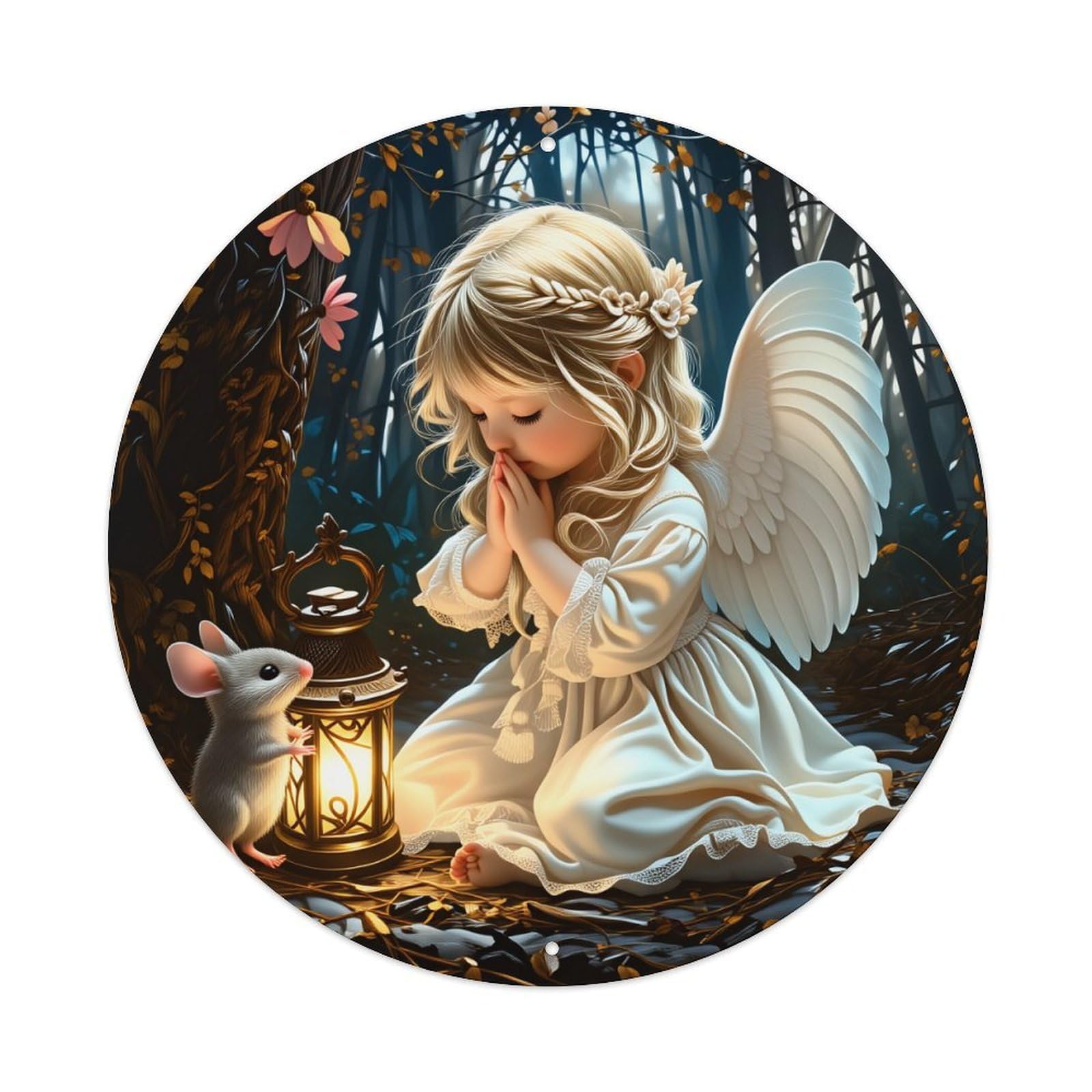 Angel Girl With Mouse And Lantern In Forest Metal Tin Sign Plaque