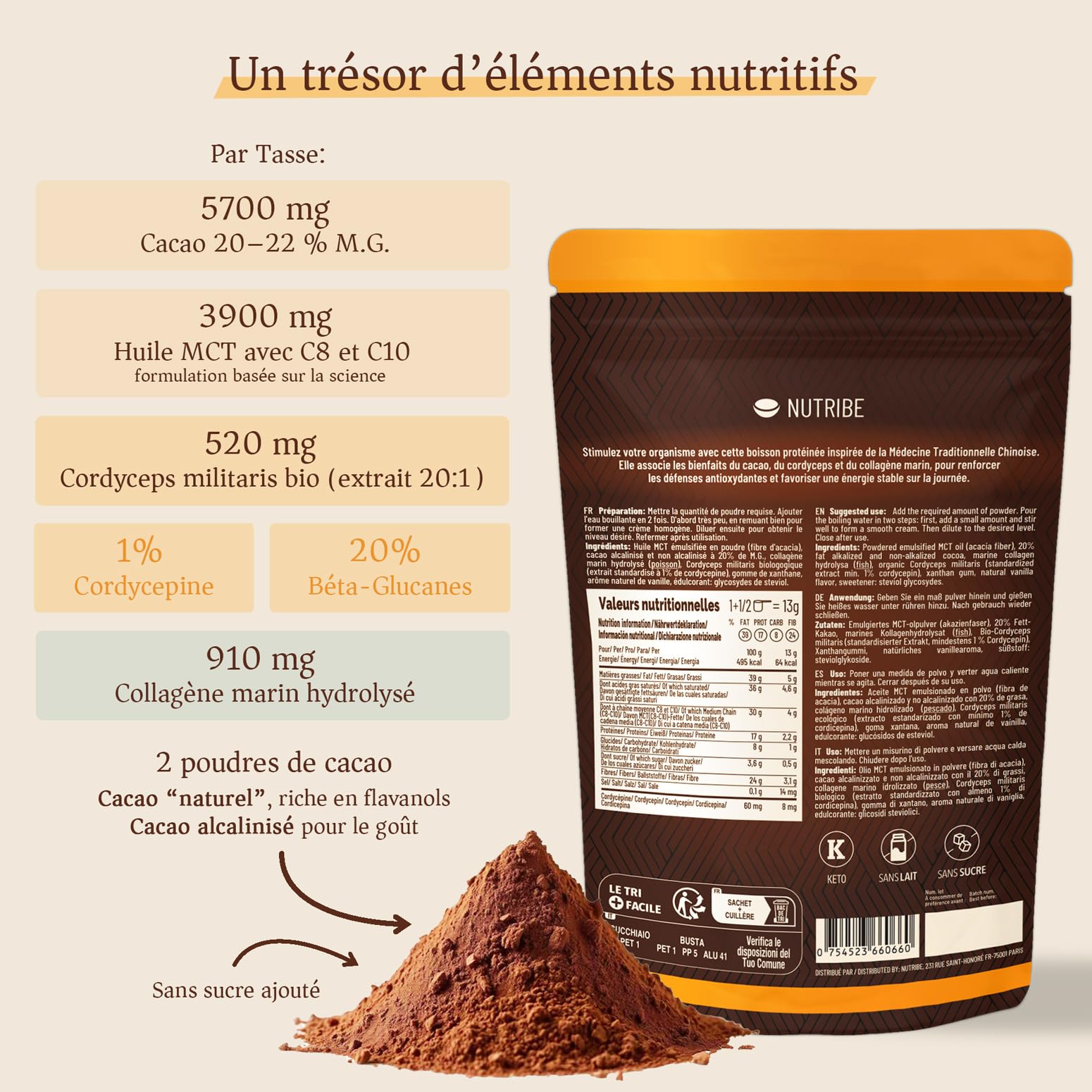 Cacao adaptogène au Cordyceps Bio | Collagène Marin | Formule énergie, antioxydants naturels, coupe-faim idéal pour le jeûne intermittent