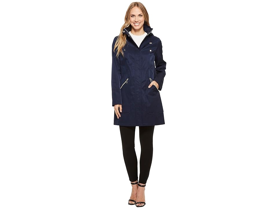 

Ivanka Trump Zipper Front Oversized Pocket Hooded Raincoat (Navy) Women's Coat