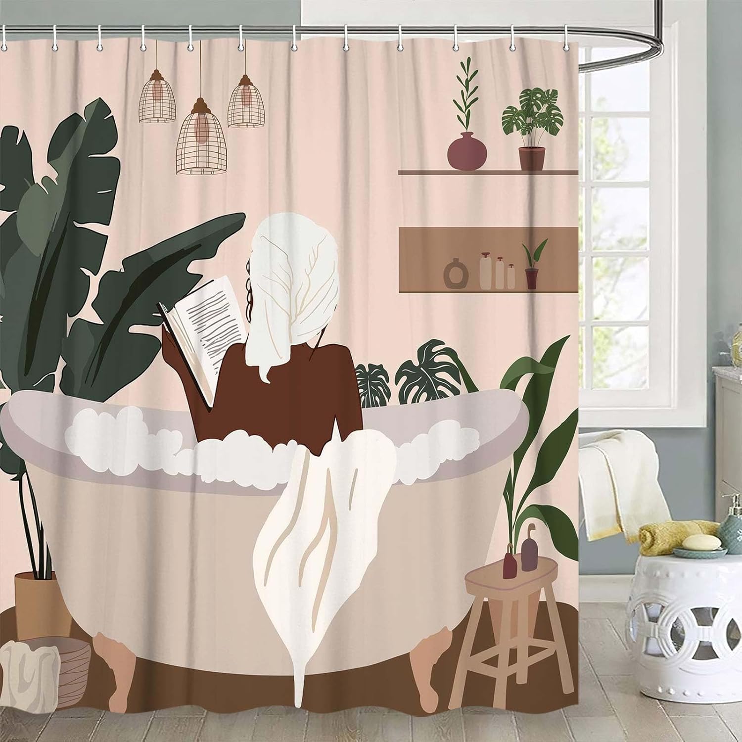 DYNH Boho Fashion Black Girl Afro Art Shower Curtain for Bathroom, Funny Black Girl in Bathtub African American Woman Fabric Bathroom Shower Curtain Set with Hooks,72x84IN