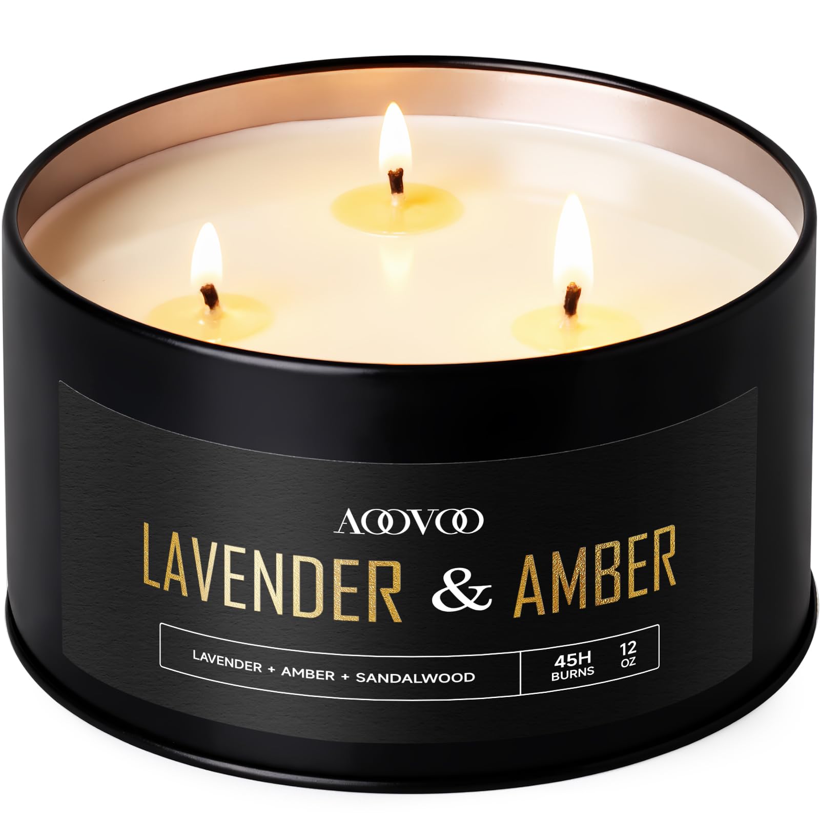 AOOVOO Lavender Amber Candles for Men - 3 Wick 12oz Black Scented Candle