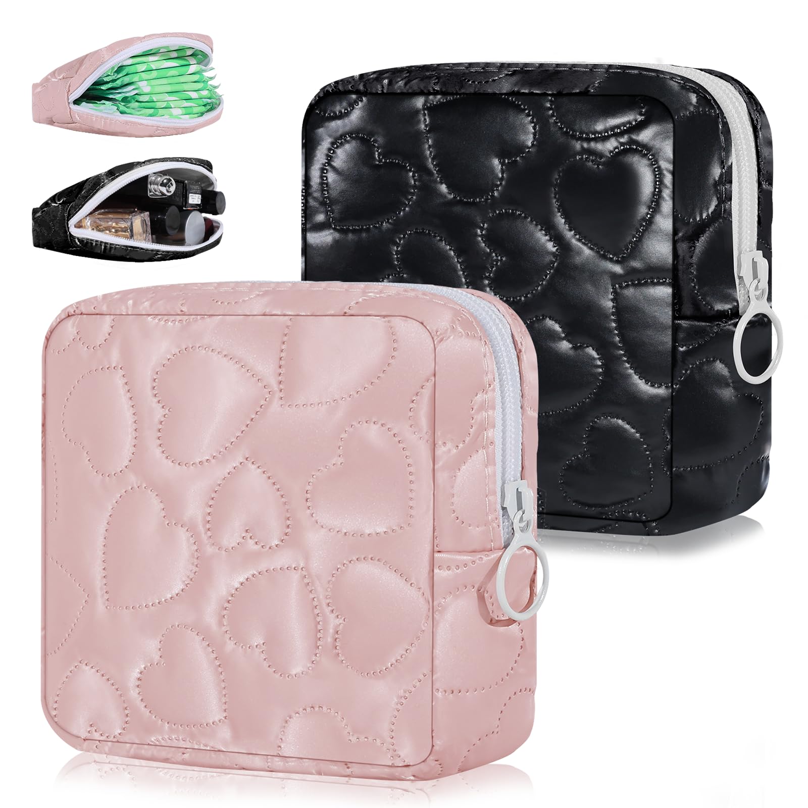 2PCS Sanitary Napkin Storage Bag Soft PU Leather Sanitary Pad Bags for Period Teen Period Pads Pouch for Panty Liners, Tampons, Menstrual Cup - Pink/Black