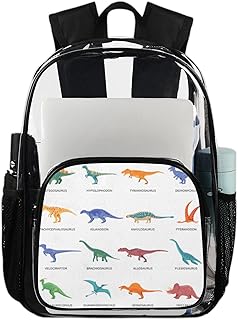 Conjunto de dinossauros mochila transparente padrão sacos de livros resistentes, dinossauros coloridos mochila transparente impermeável PVC mochila transparente com alça de ombro reforçada para escola, trabalho, viagens, Multicor