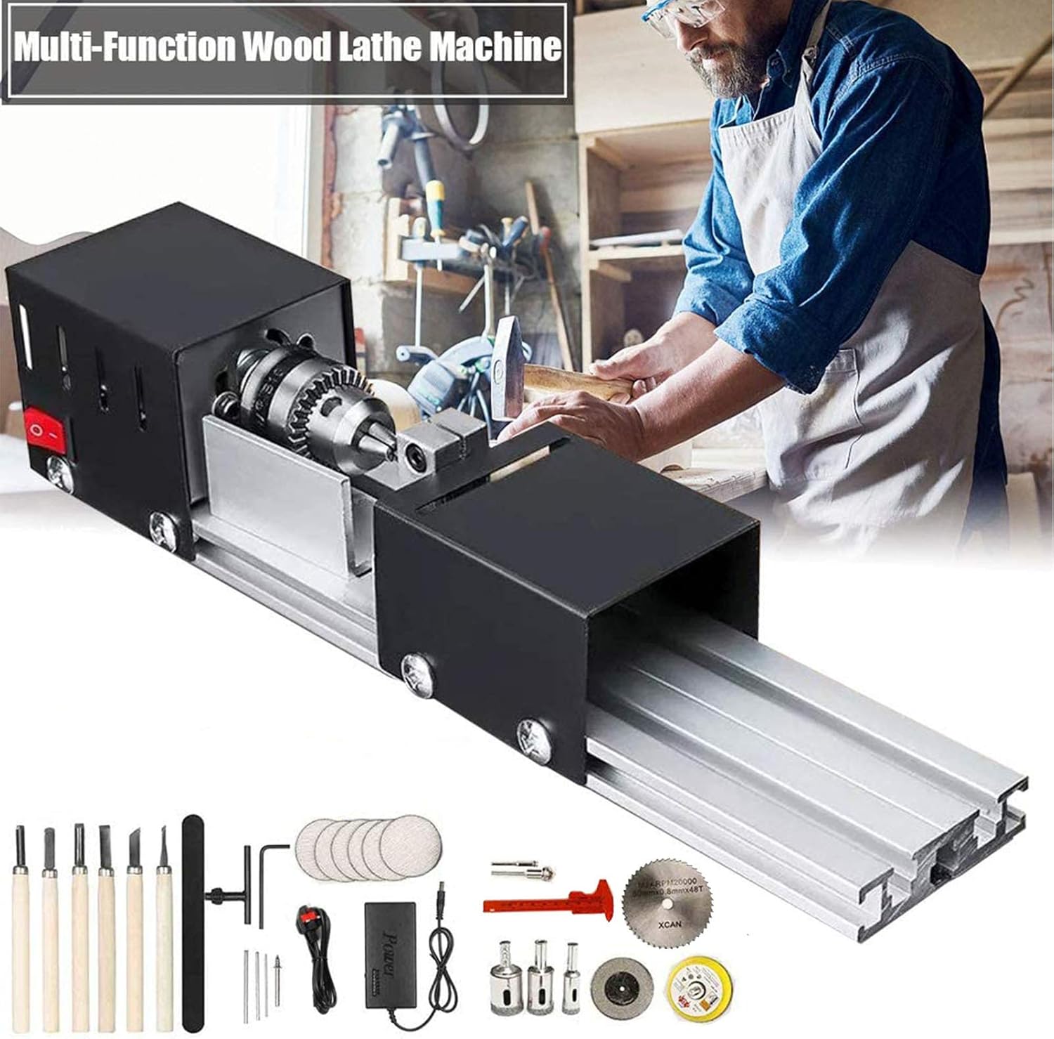 Mini Lathe Beads Polisher Machine, DC 24V 100W Mini Lathe Machine CNC Machining for Table Woodworking Wood DIY Tool Lathe Set with Power Adapter