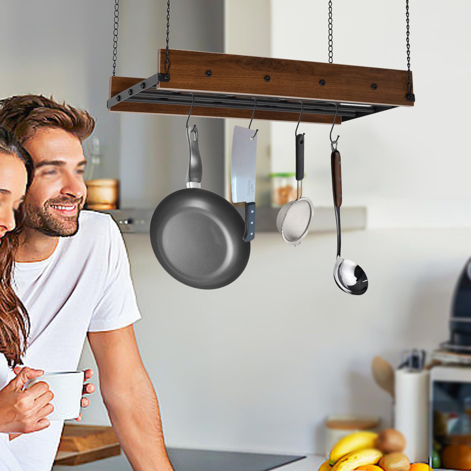 Fifizoo Hanging Pot Rack, Pot Hanger, Vintage Pot Hangers, Ceiling Mount Pot Rack with 12 S-Shaped Hooks for Kitchen Ceiling