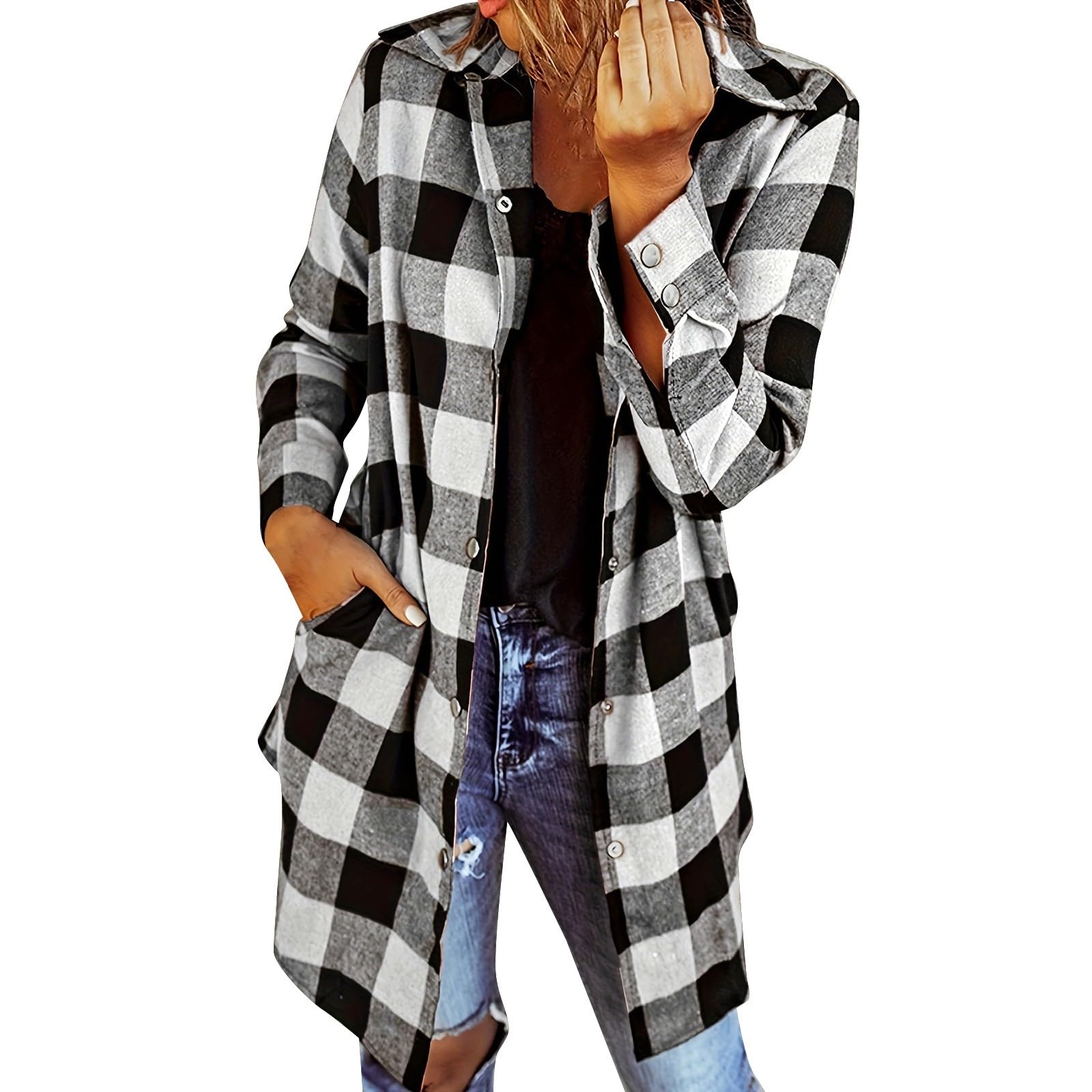 Womens Buffalo Plaid Shirts Oversized Color Block Long Sleeve Button-Down Lapel Collar Checked Flannel Shirts Loose Fit Boyfriend Casual Business Office Work Shirts Tops Blouses