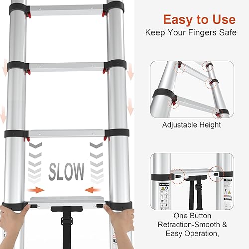 Miniatura 5 de LUISLADDERS - Escalera telescópica de aluminio de 12.5 pies, retroceso de un botón con ganchos, capacidad máxima de 330 libras, escalera plegable