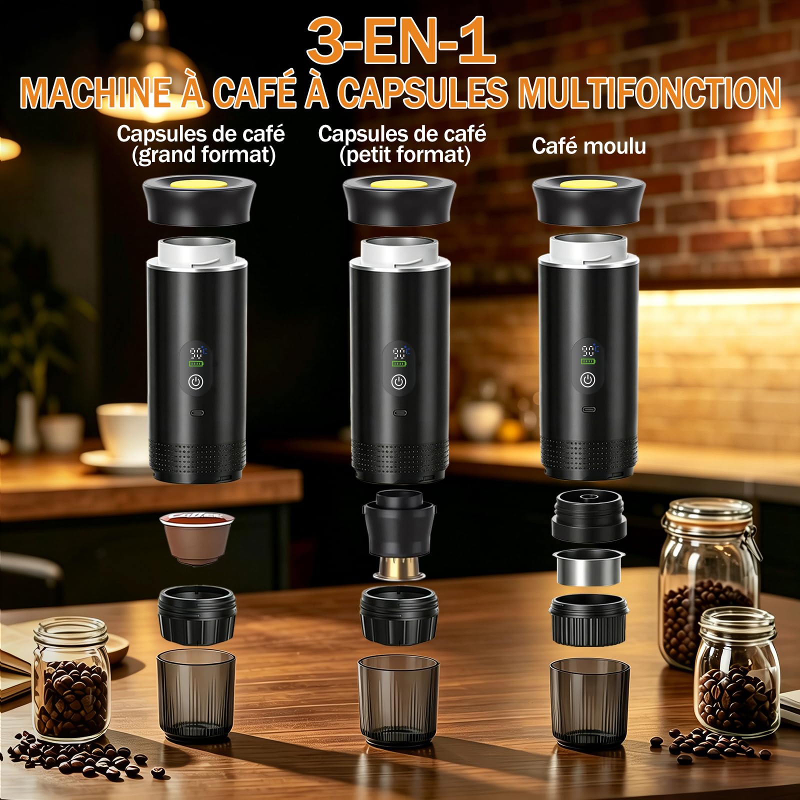 Máquina de café portátil de viaje, para acampar, oficina, casa, coche | 3 en 1 cafetera portátil calefacción rápida USB-C 20 bar hasta 18 g café molido cápsulas NS Gift-giving