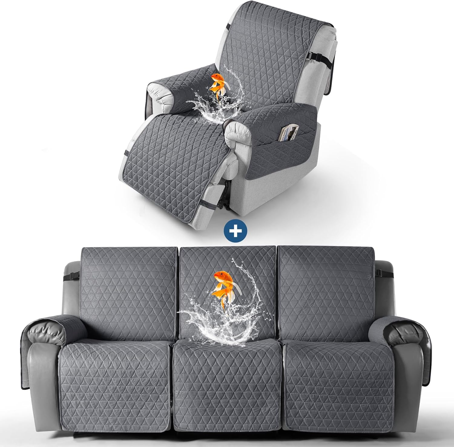 TAOCOCO Couch Covers for 3 Cushion Couch Sofa Pet Friendly（Dark Gray, 3 Seater）+100% Waterproof Recliner Cover(Dark Grey, Large-28'') with Non-Slip Granule and Elastic Band