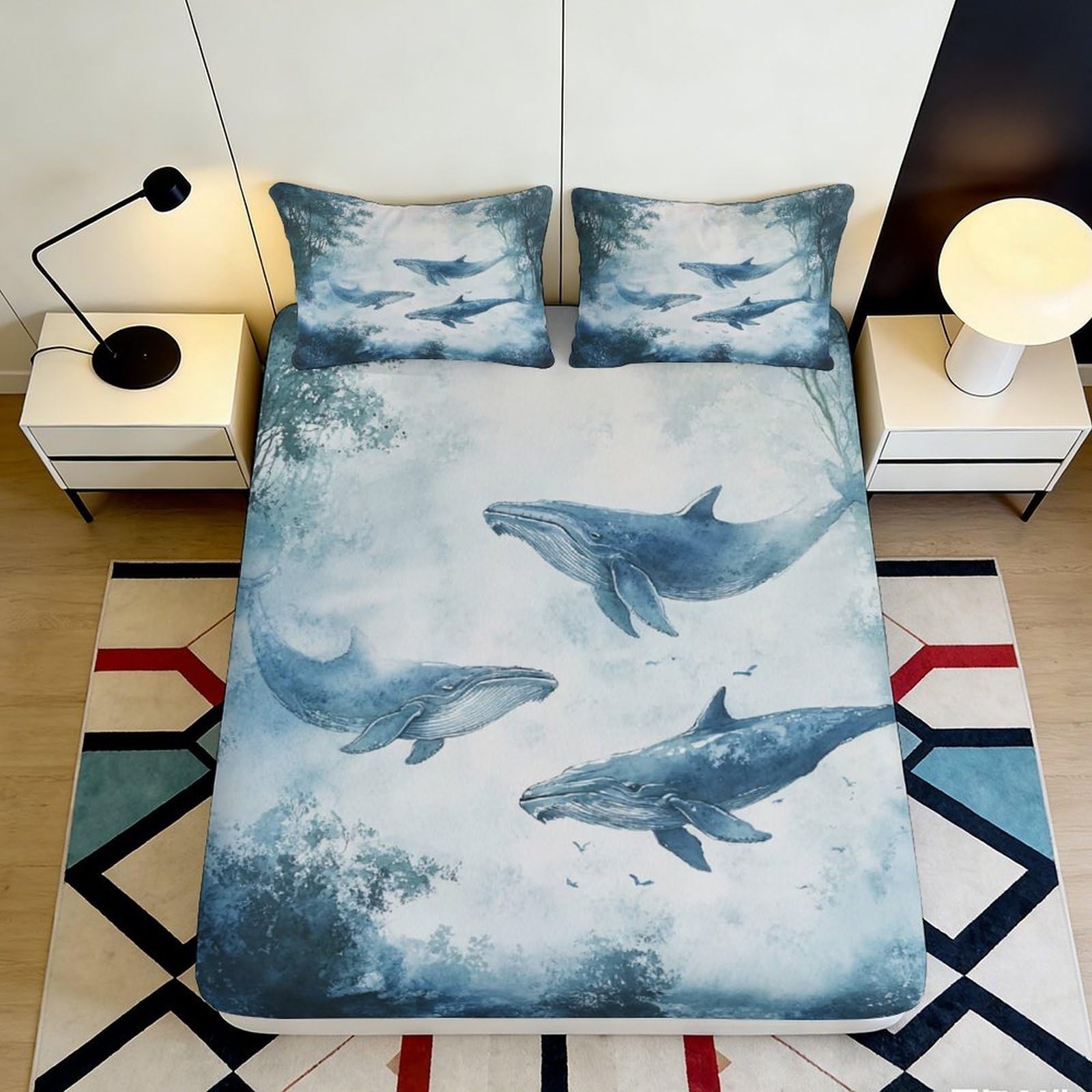 3D Printed Ocean Whale Fitted Sheet Microfiber Soft Breathable Sea Life Bed Cover for Bedroom Dorm Mattress Protection Decor 160x200x25cm