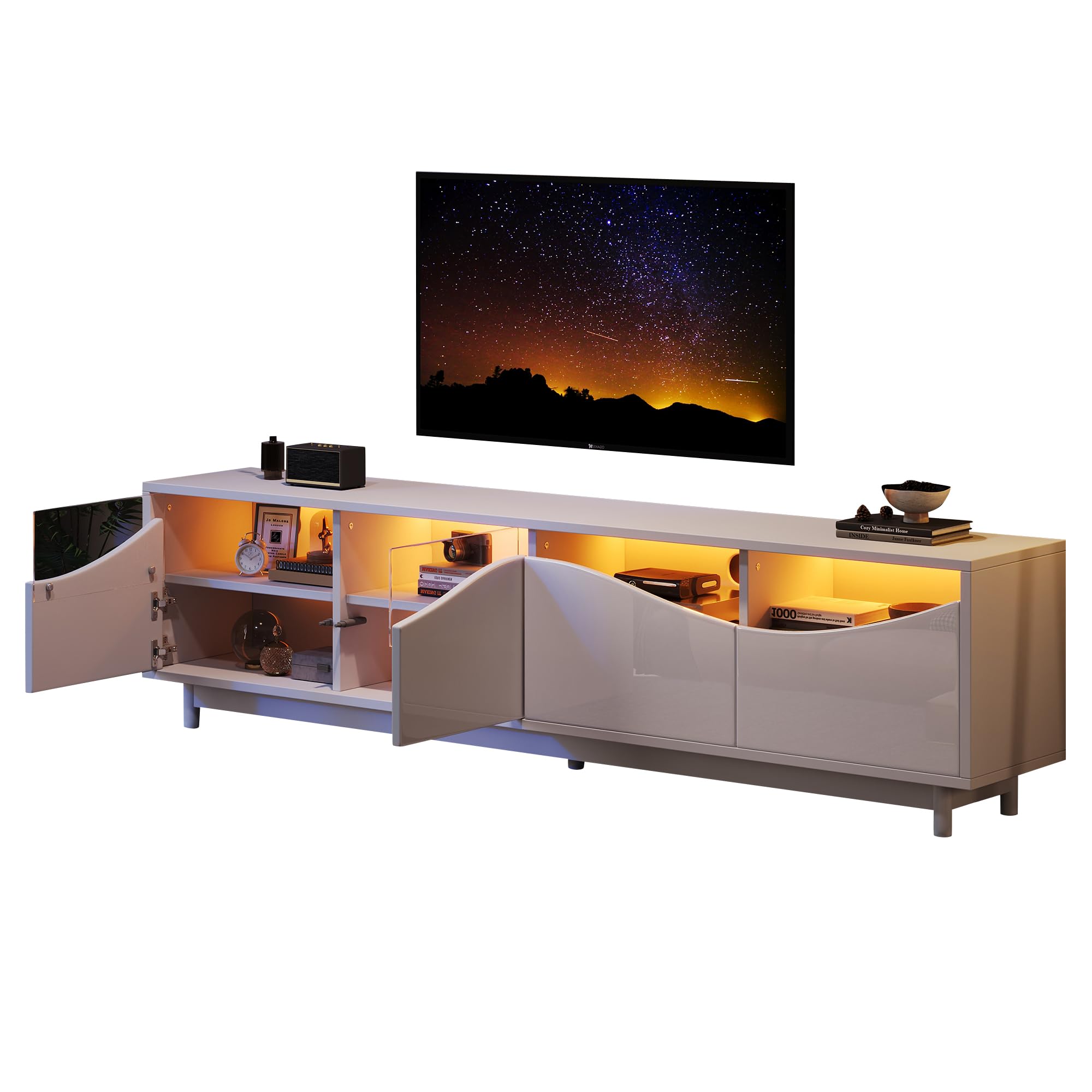 BTM TV-Schrank in geschwungenem Design, weiß, hochglänzend, Schranktür aus gehärtetem Glas, LED-Beleuchtung, geeignet als Unterhaltungsmöbel, Schlafzimmer, Wohnzimmer, 175 x 38 x 51 cm
