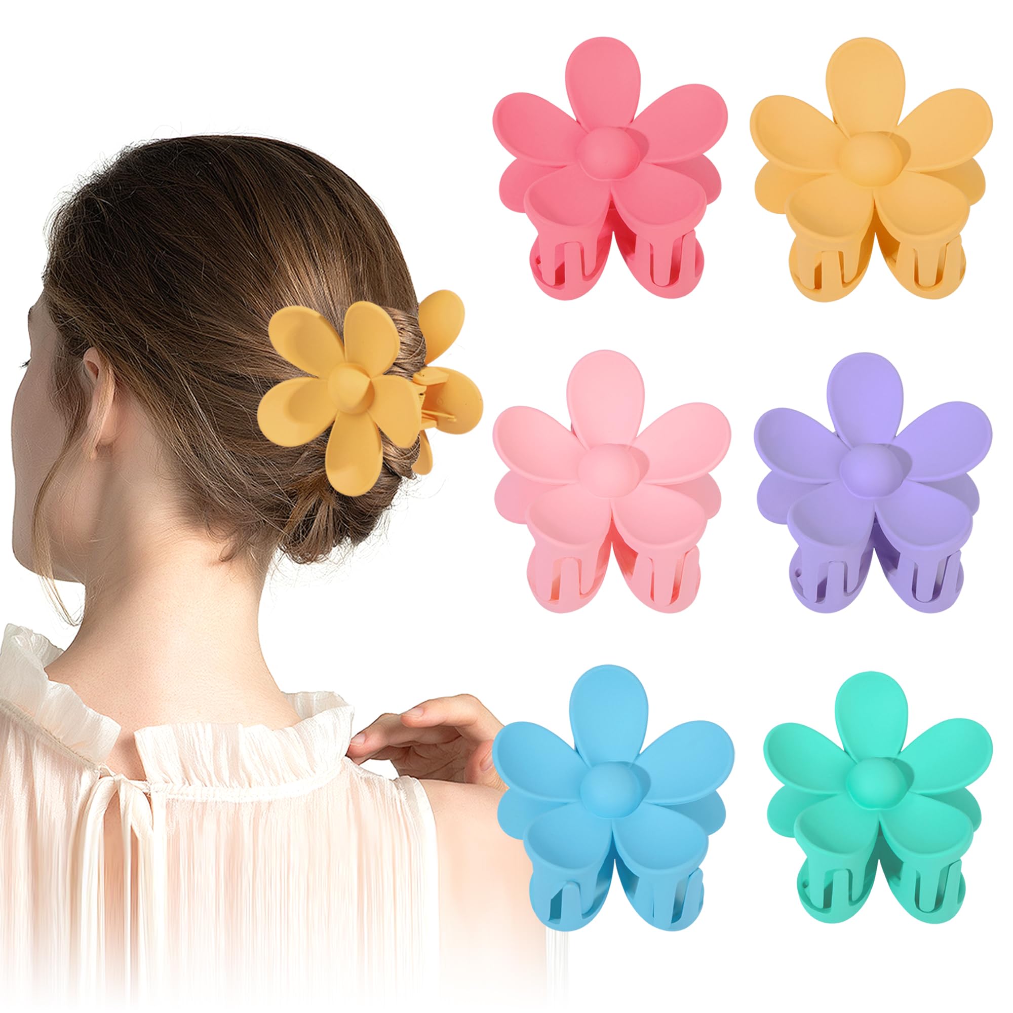 Heveer Pinzas para el Pelo Flores Pinzas Pelo Grandes Antideslizantes Pinzas Pelo de Plástico Mate para Mujeres Niñas 6 Colores 6 Piezas