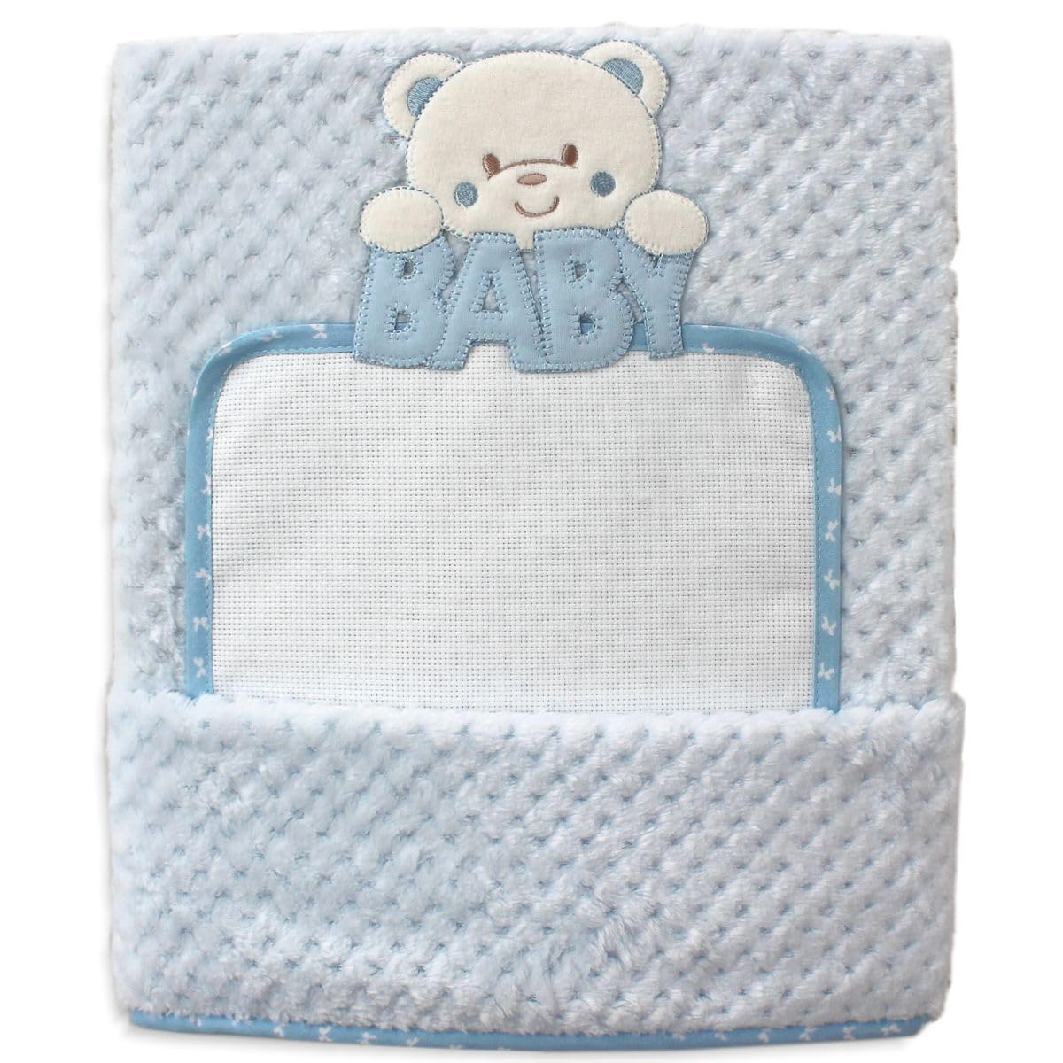 La Chiocciolina Copertina Culla Neonato in Soft Pile Waffle con Inserto Tela Aida per Punto Croce e Applicazione Orsetto Baby, Regalo Nascita Personalizzabile (07 Azzurro)