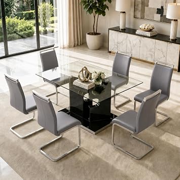 Ebullient 63 Glass Dining Table Set for 6,Black Glass Dining Table Top and MDF Base,Modern Rectangular Kitchen Table with 6 PU Leather Dining Chairs,Glass Dinner Table Set