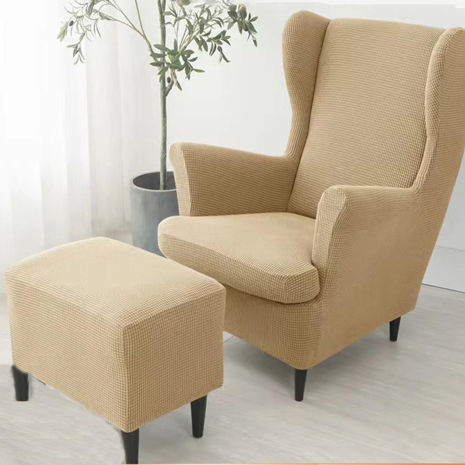 Ohrensessel Überzug Ohrensesselbezüge, Elastisch Weich Sessel Überwürfe Ohrensessel Schonbezüge mit hocker für Wohnzimmer Schlafzimmer Zuhause(Beige)