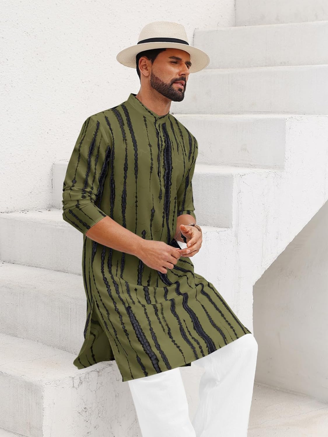 Runcati Mens Kaftan Robe Tie-Dye Long Sleeve Button Down Henley Shirts Thobe Hipster Print Side Split Gown Shirt - Image 5