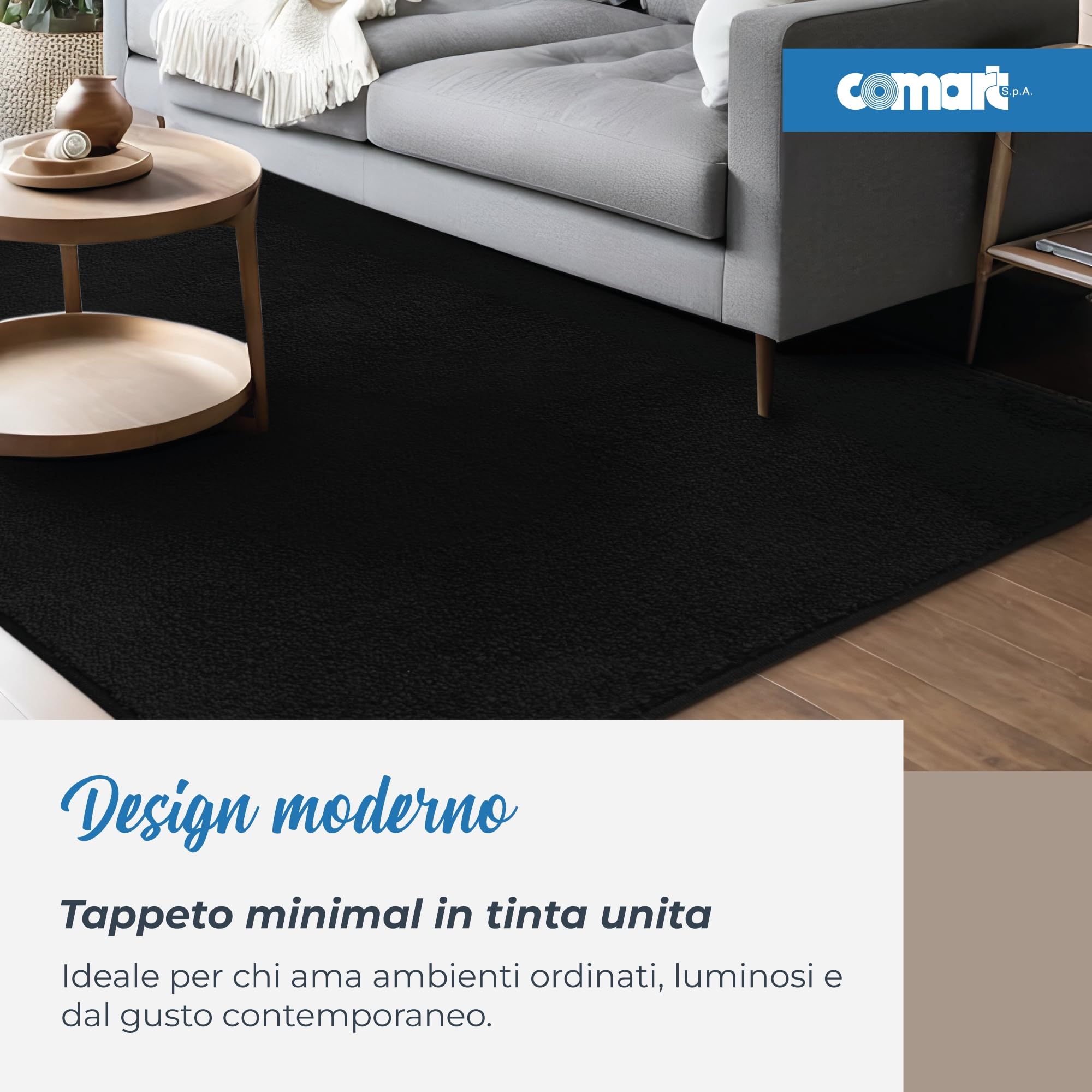 Comart - Tappeto Arredo Puffy - Design Moderno - Lavabile in Lavatrice - Fondo Antiscivolo - Super Morbido - Pelo Corto - Tappeto per Salotto e Camera da Letto - Nero - Rettangolare 50x90 cm