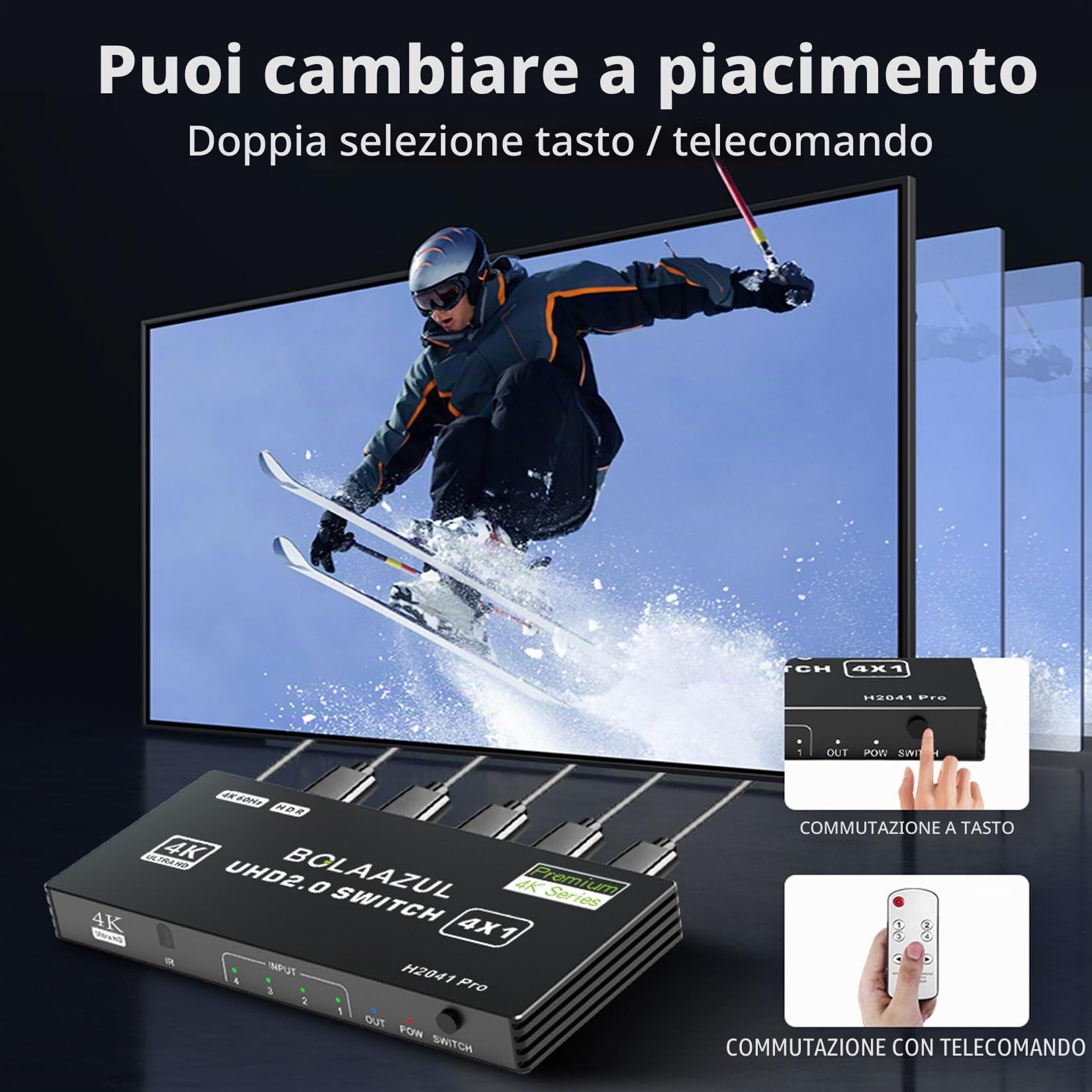BolAAzuL Switch HDMI 4 in 1 Out 4K 60Hz, Port Expander Hub Selettore Commutatore Video Con Telecomando, Supporto 3D, HDCP2.2, HDR per PS5/PS4Pro/PS4, Xbox Series X/S