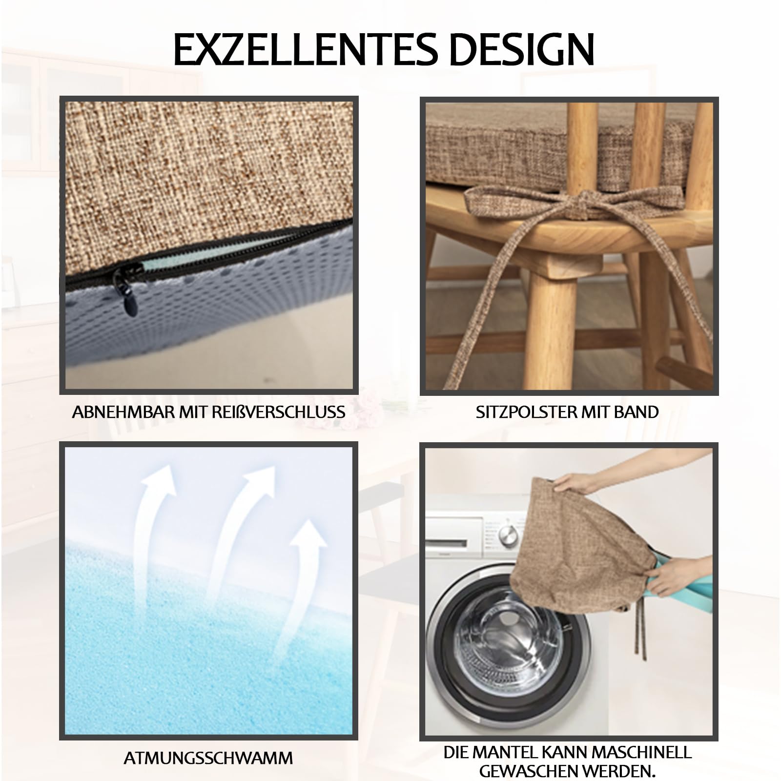 4 pcs Stuhlkissen mit Bändern Waschbare Rutschfestes Sitzkissen rutschfeste Hufeisen Sitzkissen Leinen Memory Baumwolle Kissen Dicke Sitzauflagen Ideal für zu Hause und Gartendekoration42 * 40 * 4cm