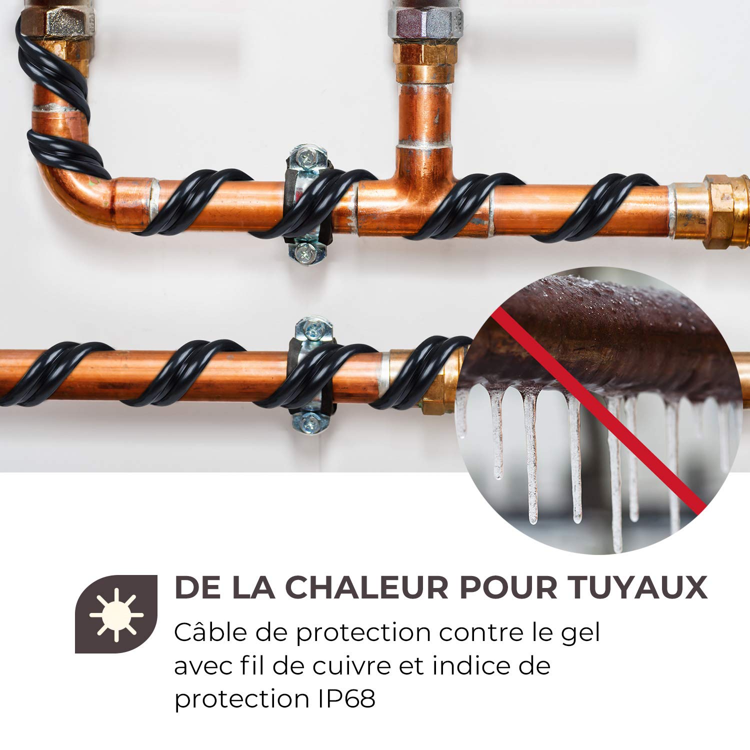Waldbeck Flow Wire 4 - câble de protection antigel, 4m, s'allume au-dessous de 6 ° C et s'éteint au-delà de 13° C, fil de cuivre, protection IP68 pour une utilisation en extérieur, noir