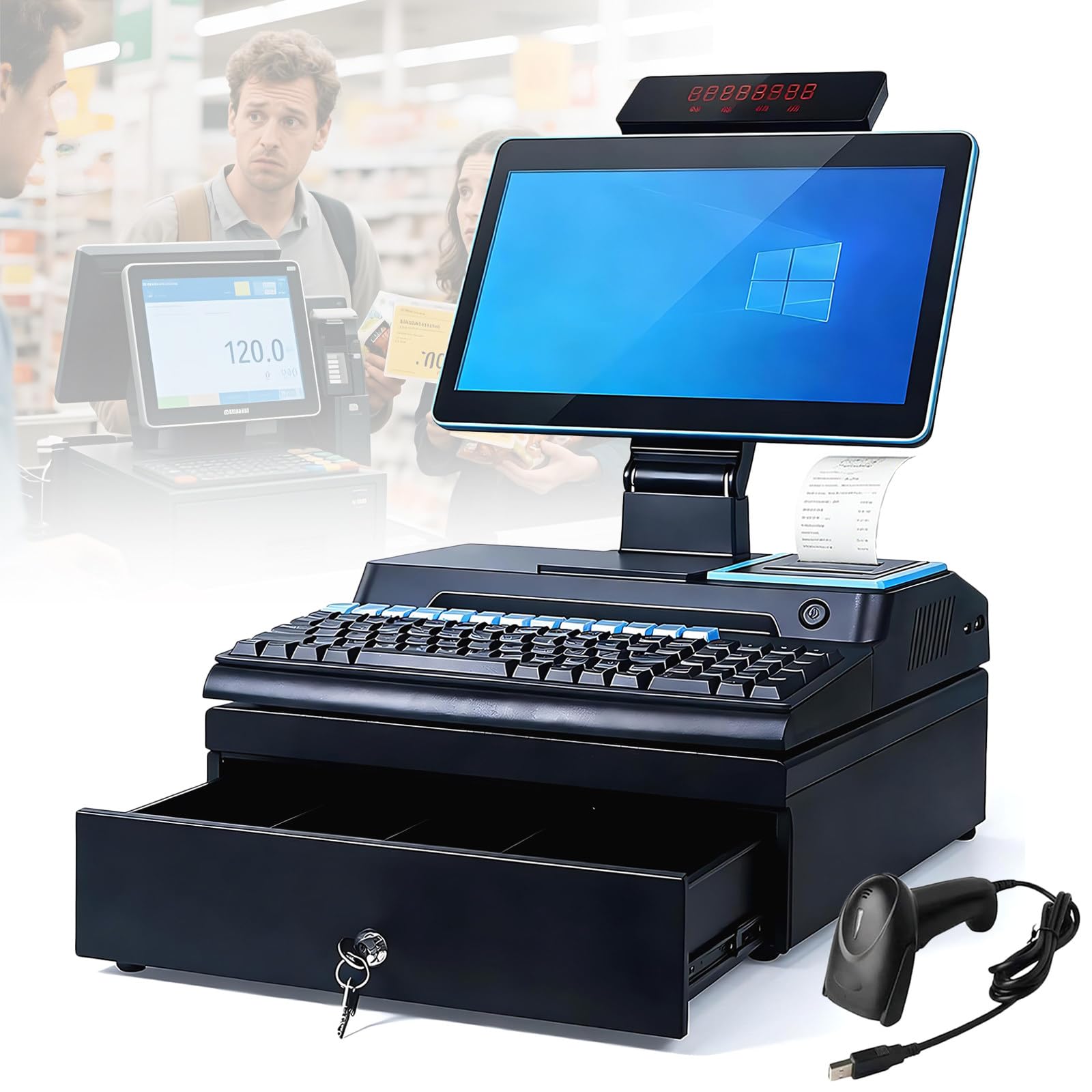 Win10 i5 8g+256g 15,6-Calowy Dotykowy Komercyjny System POS z Drukarką Termiczną, Szufladą na Pieniądze, Skanerem, Klawiaturą, do Centrów Handlowych, Sklepów Detalicznych i Butików Blue