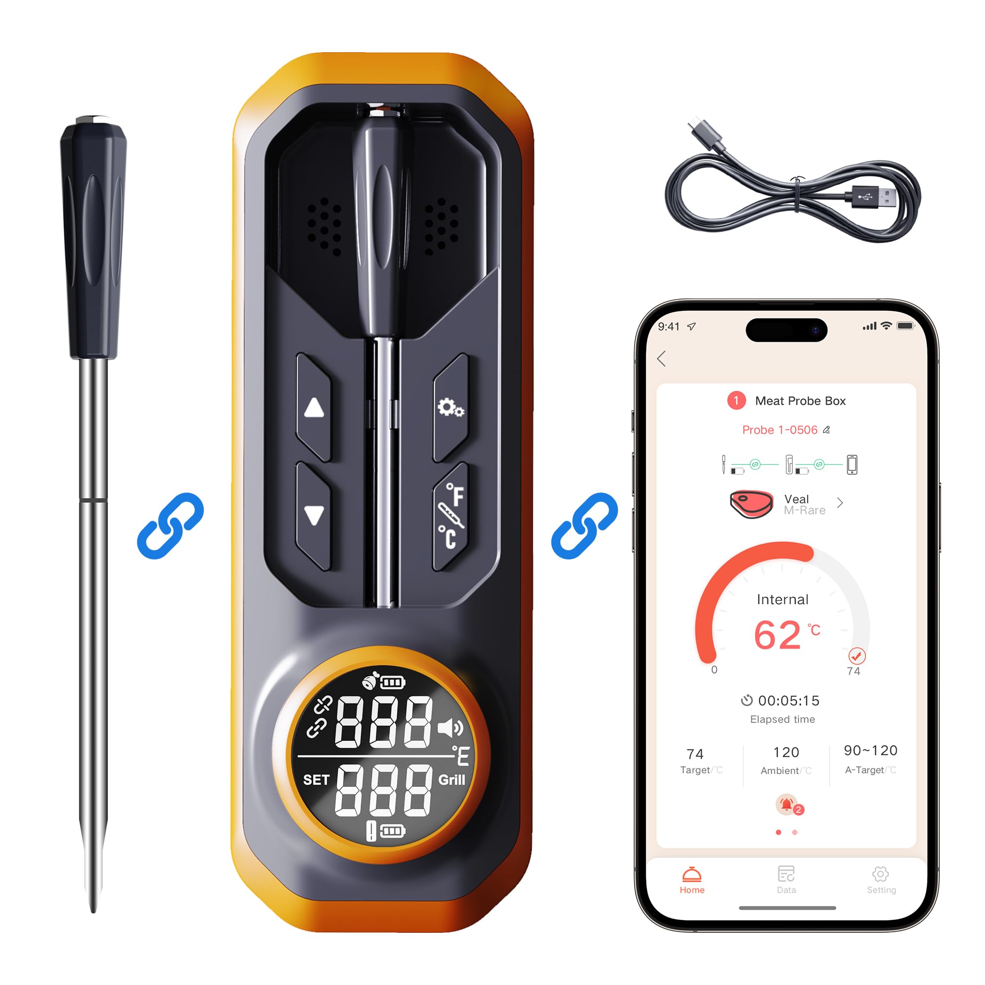 GRAM PRES Termómetro de carne inalámbrico, termómetro digital de cocina con sonda inalámbrica y alcance de 500 pies, termómetro para alimentos, aplicación iOS y Android, temperaturas preprogramadas