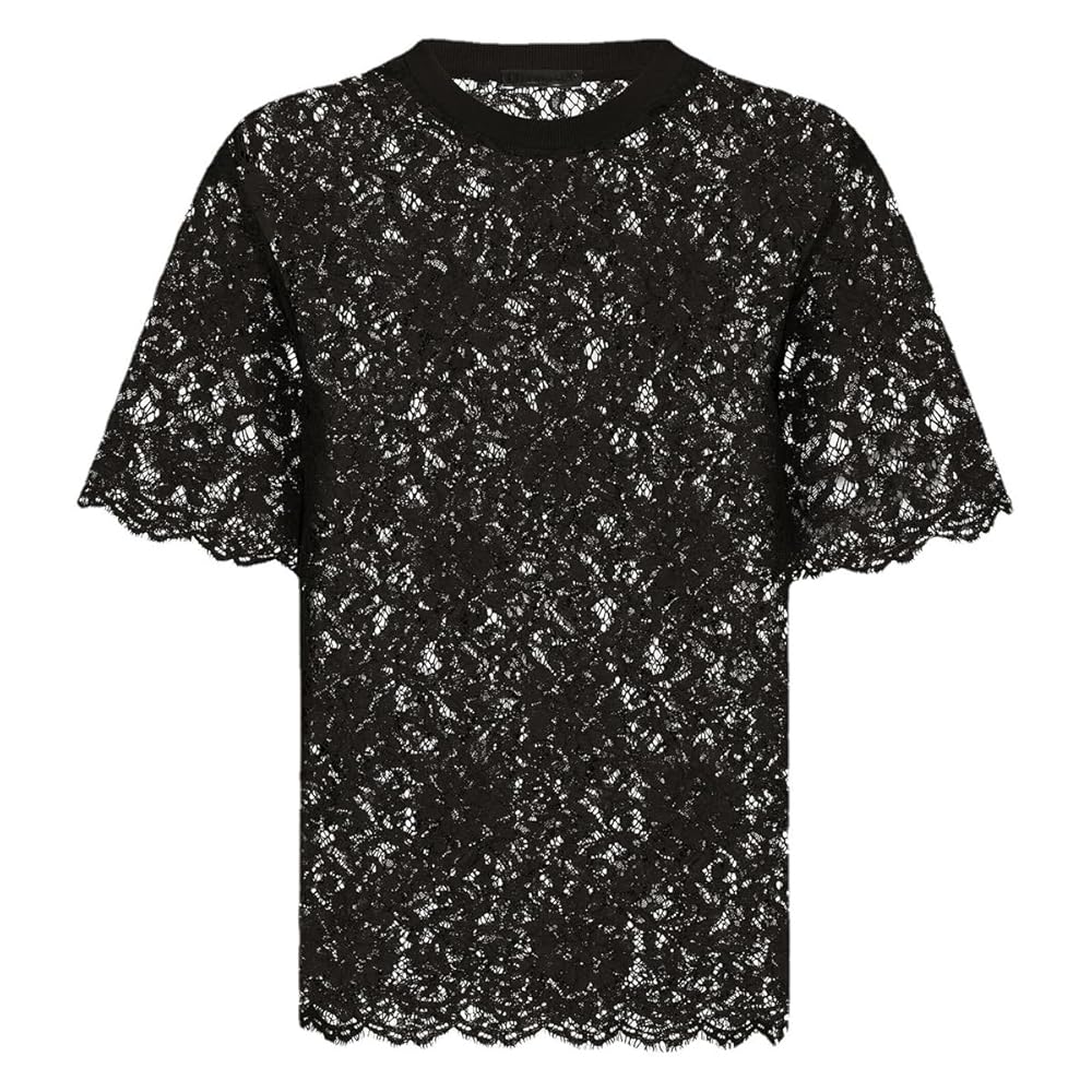 Mens Short Sleeve Lace Round Neck Shirt Sexy Hollow See