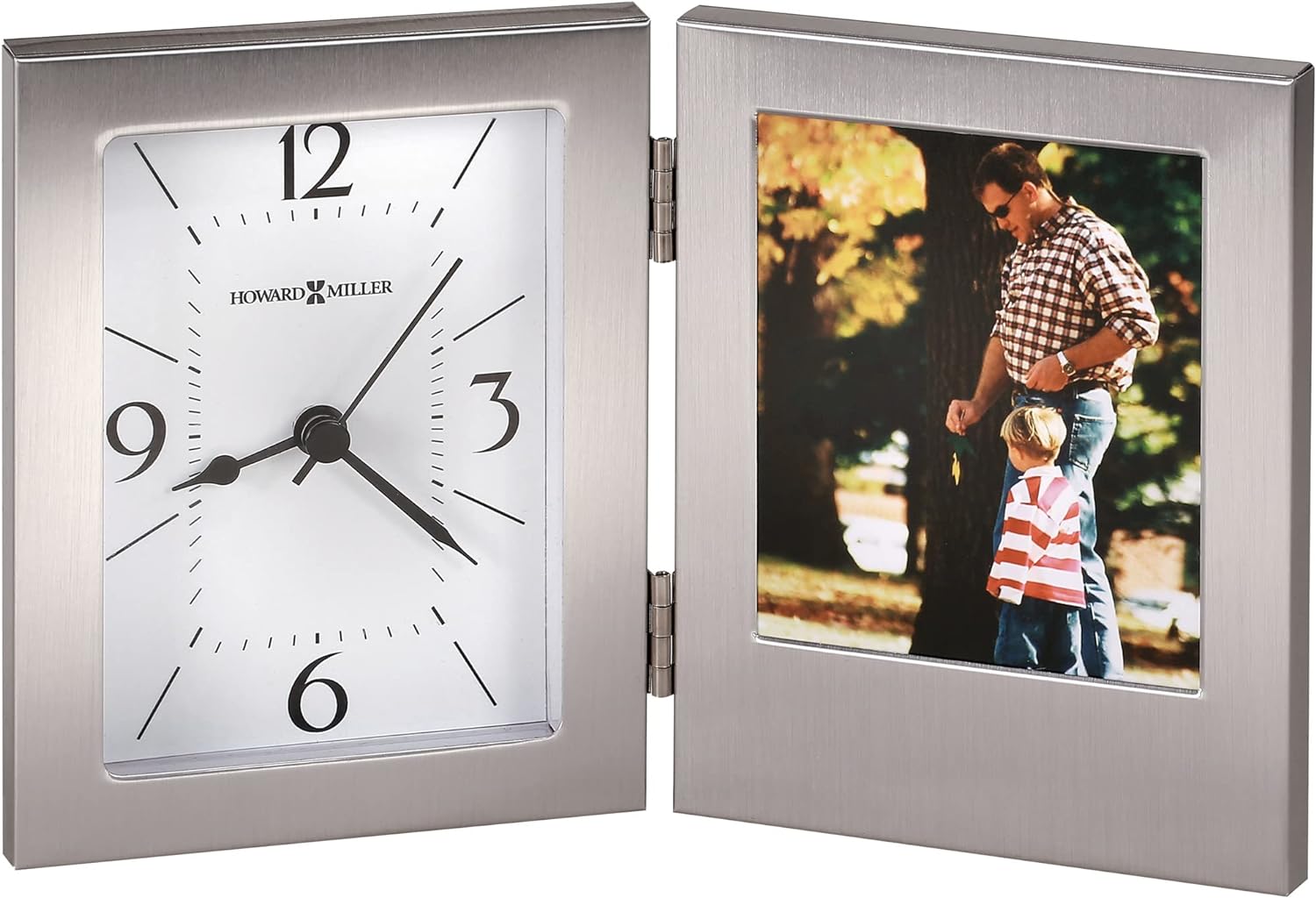 Howard Miller Envision Tabletop Clock, Decorative Desk and Shelf Clock with Photo Frame, Battery Operated Silent Non-Ticking Glass Crystal Clock for Modern Home Décor, Brushed Aluminum