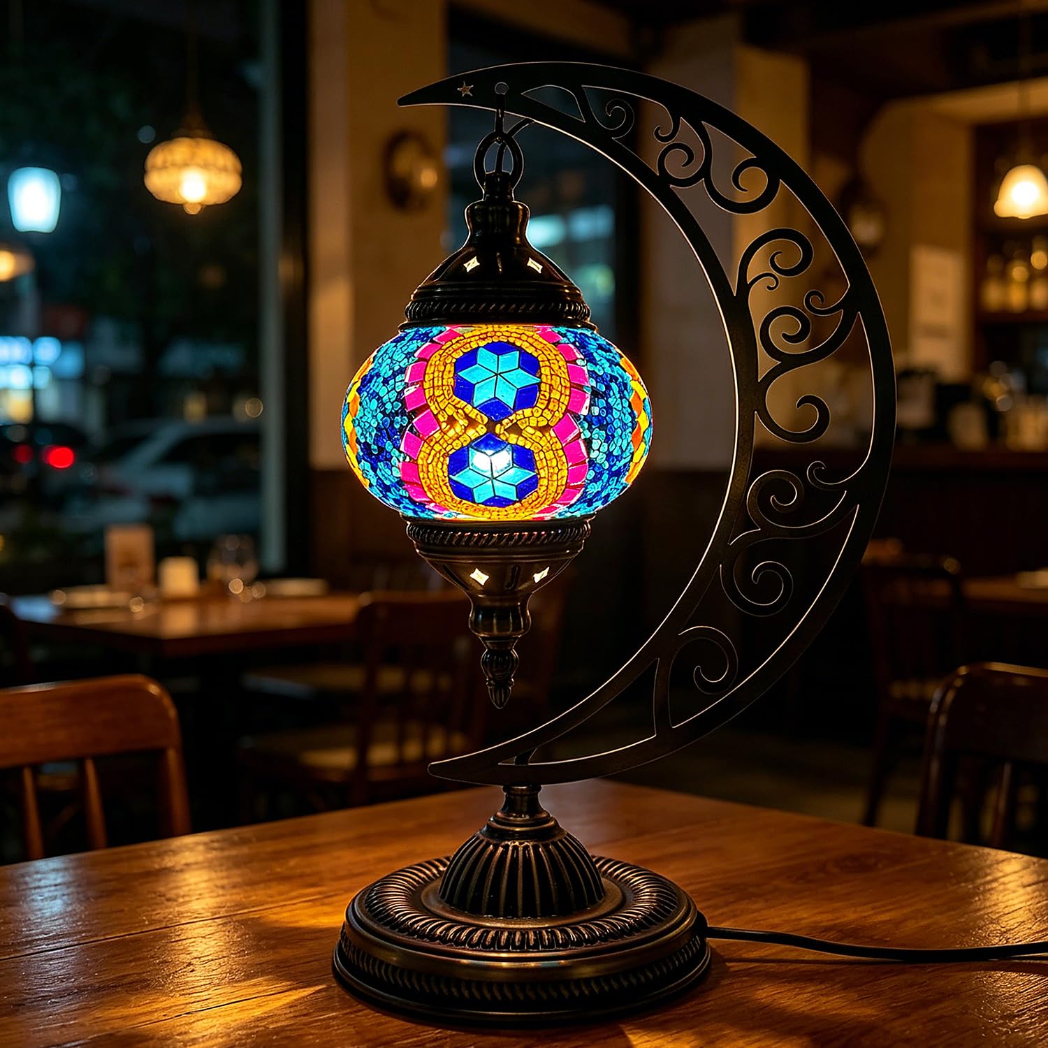 Moroccan Turkish Mosaic Moon Lamp Mosaic Stained Glass Bedside Lamp with Bronze Base USB Powered Turkish Bohemian Moroccan Table Lamps for Living Room Bedroom Bar Decor(W 6.3in x H 15.35in)