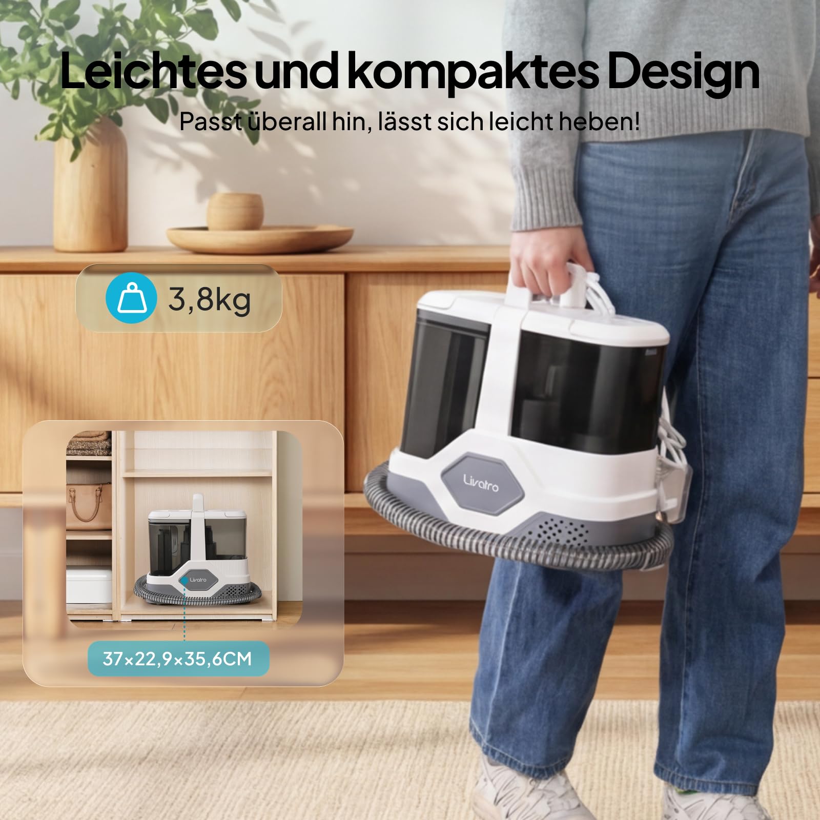 Livatro Polsterreiniger Gerät [600W Profi-Motor] Tragbarer Teppichreiniger Waschsauger 16KPa, Abnehmbarer 2,3L Tanks, Selbstreinigung, Nasssauger für Auto, Sofa, Matratze & Haustier - Schnelltrocknung