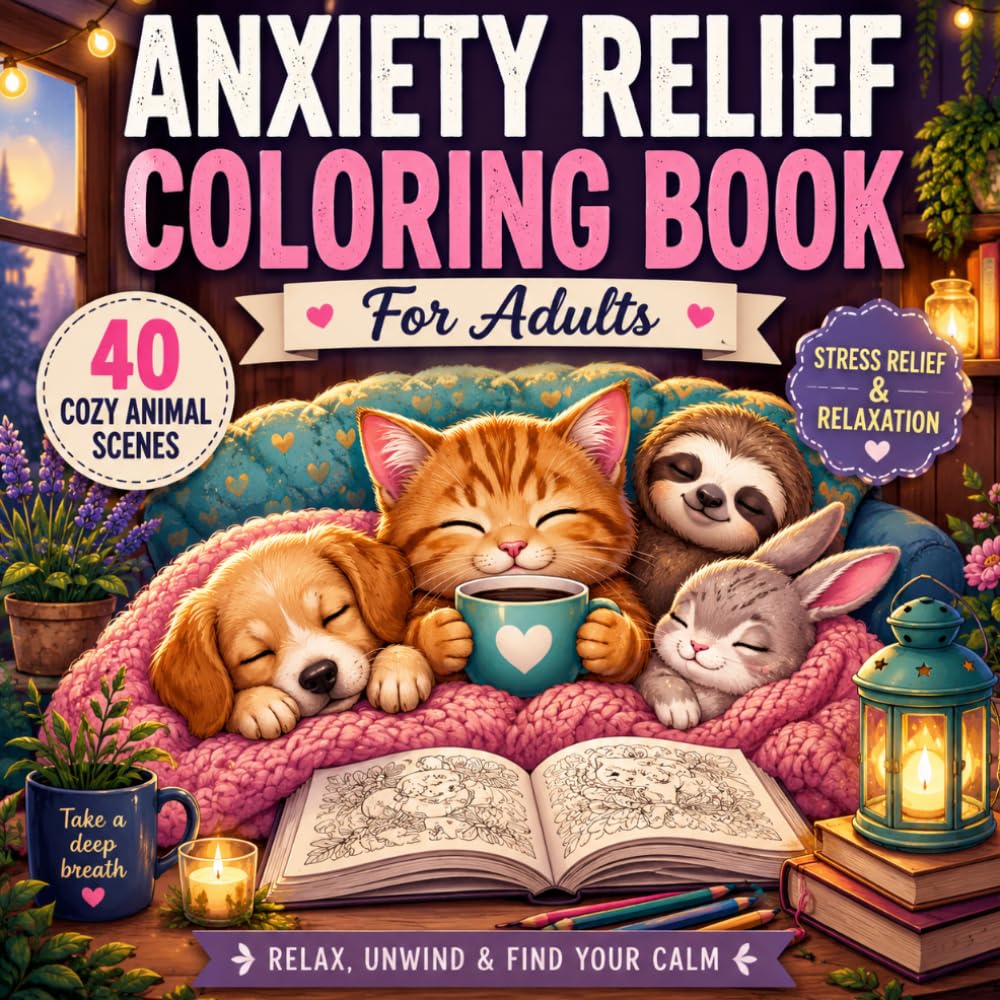 Anxiety Relief Coloring Book for Adults: 40 Cozy Animal Scenes for Stress Relief, Relaxation and Mindfulness | Cute Animals, Calm Quotes and Simple ... Books For Relaxation and Stress Relief)