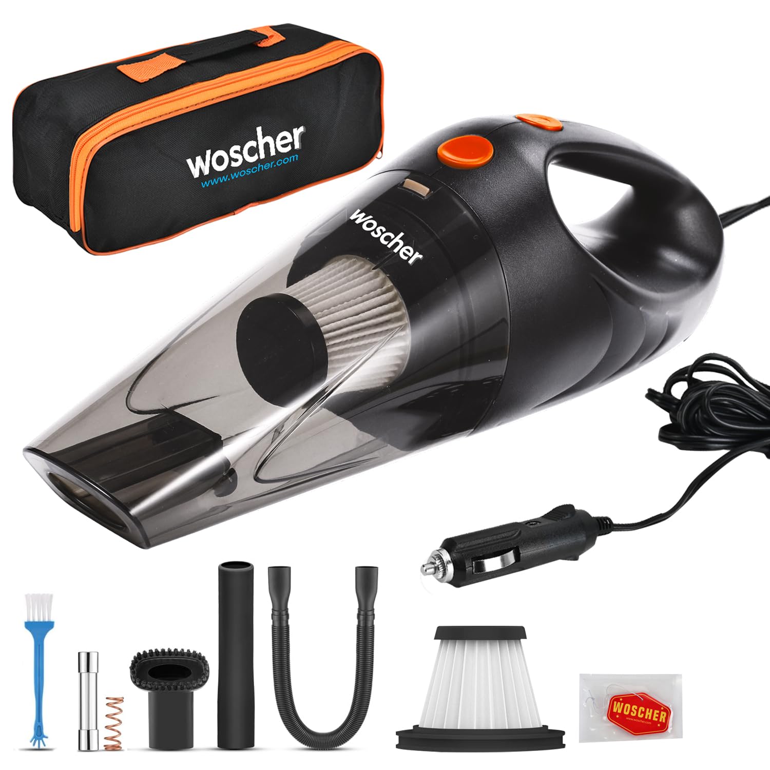 WOSCHER 1612 Portable Car Vacuum Cleaner | 110W | 5000PA Suction Power | Powerful Handheld Vacuums for Deep Cleaning Dirt, Dust, Pet Hair, Multipurpose Vacuum Cleaner with HEPA Filter | 12V | Black