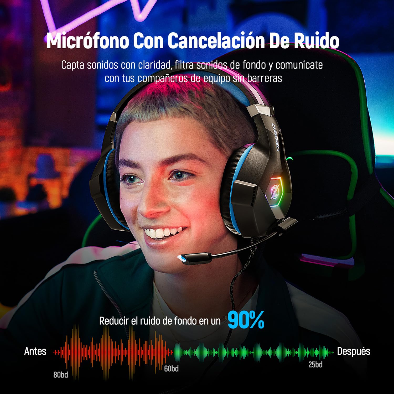 Ozeino Cascos Gaming, Auriculares Gaming con Micrófono Rotatorio, Luz RGB, Premium Stereo, Orejeras Ligero Cómodo, para Ps4 Ps5 Xbox PC Switch Tableta Laptop