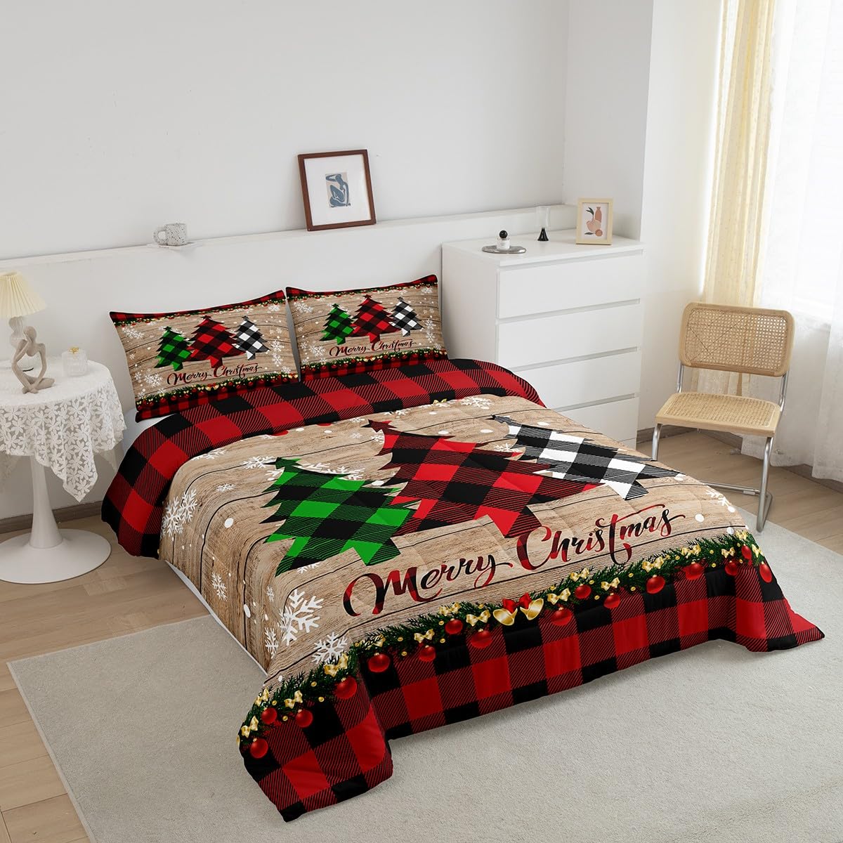 Manfei Plaid Tree Comforter Set Full Size, Wooden Stripe Print Bedding Set 3pcs for Kids Boys Girls Bedroom Decor, Christmas Theme New Year Quilt Set with 2 Pillowcases