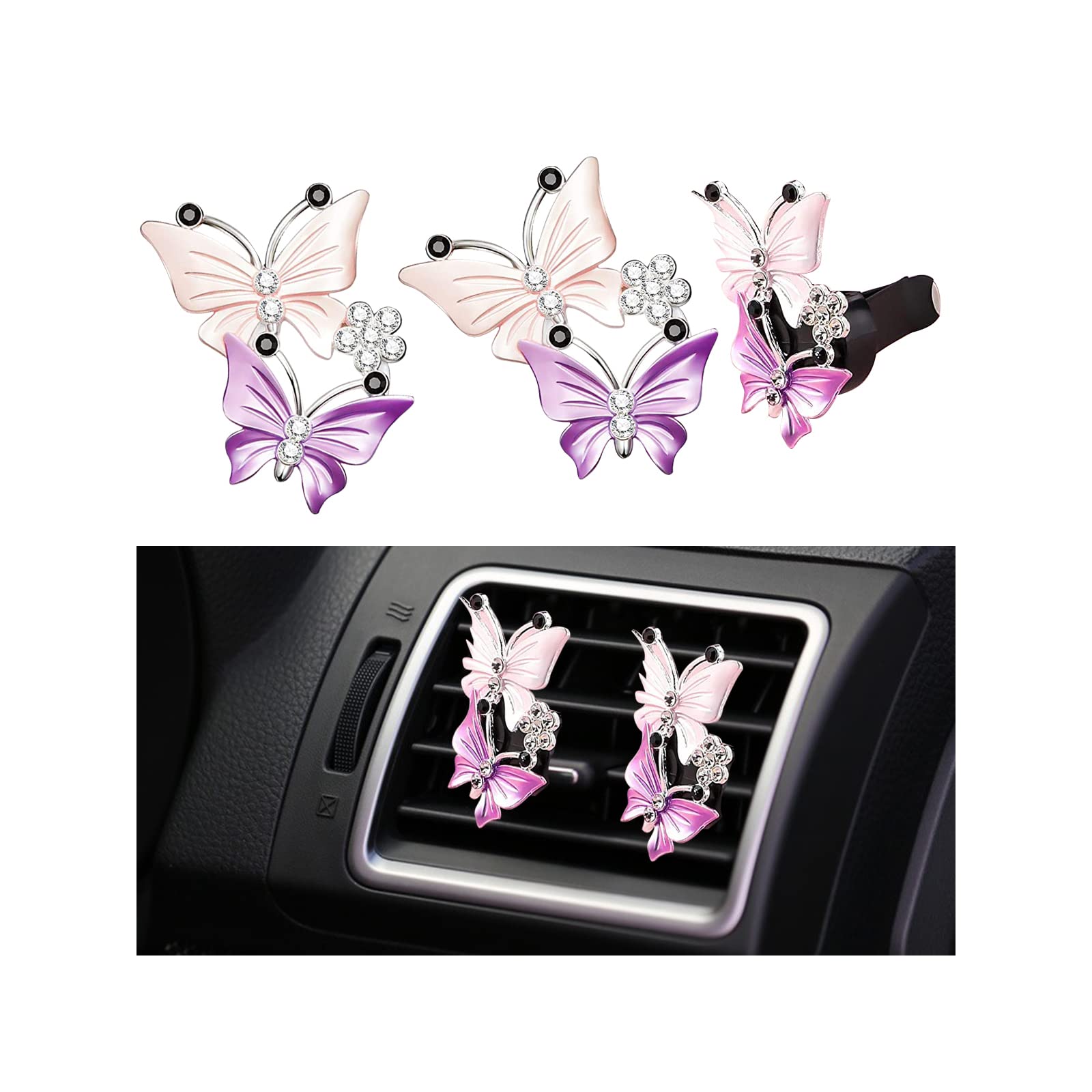 2Pcs Bling Butterfly Air Vent Clips Cute Rhinestone Car Air Fresheners Vent Clips Crystal Decoration Car Accessories for