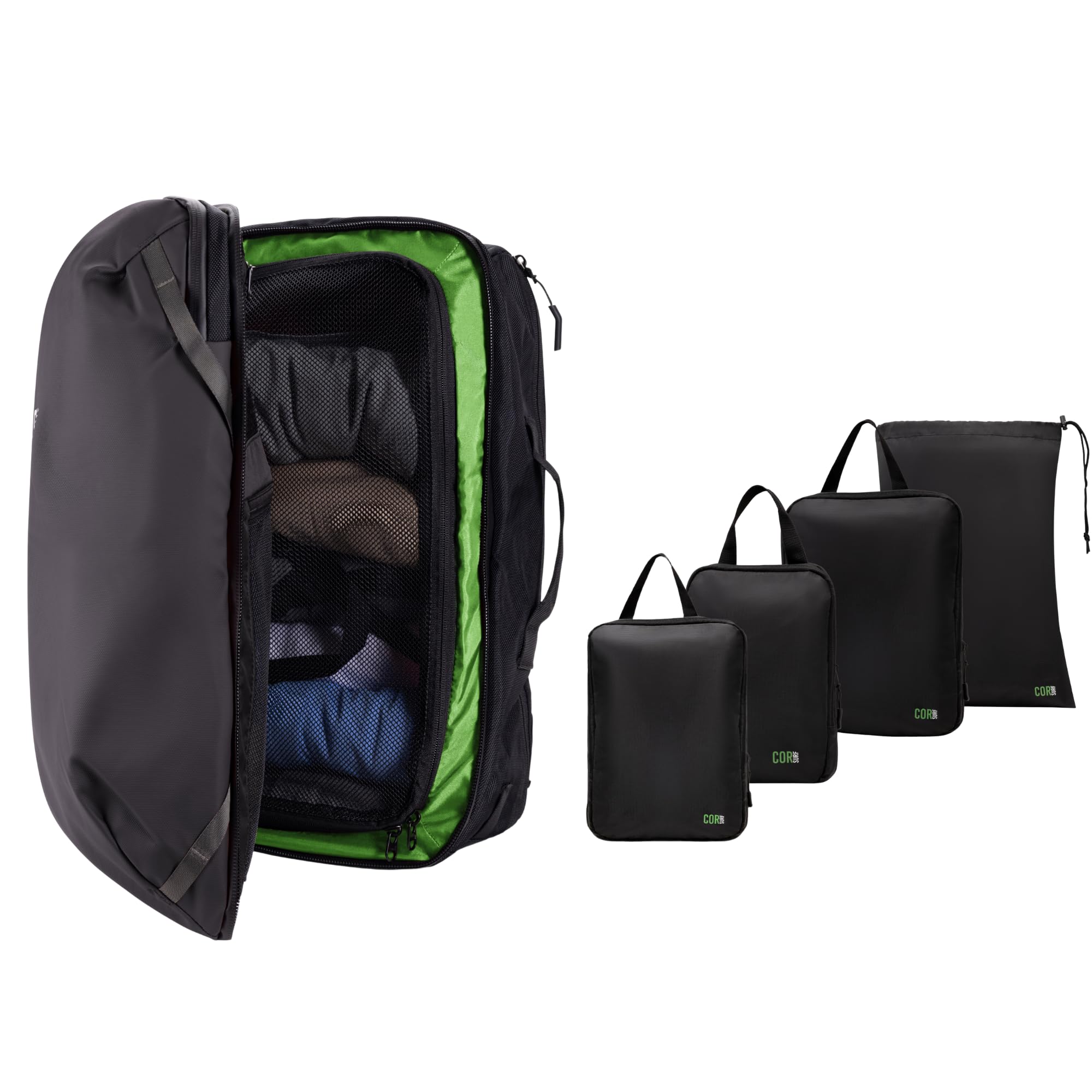 COR Surf Island Hopper Carry On Travel Backpack Bundle | 40L Black | with 4 Piece Packing Cube Set
