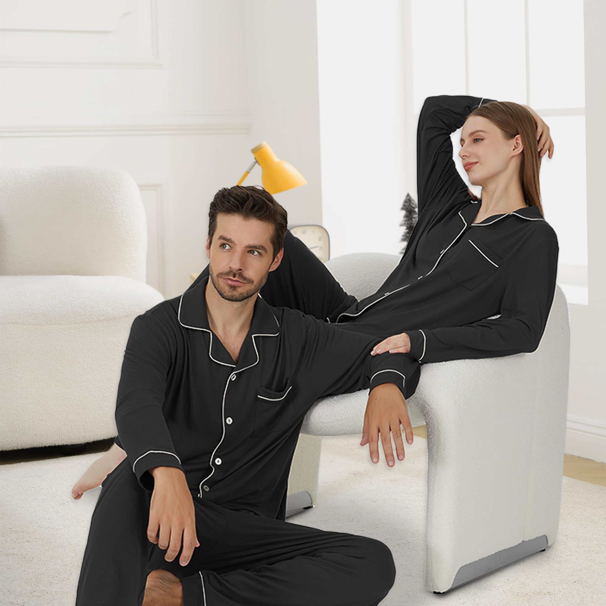 PJGGZ Pijamas a juego para parejas, conjunto de pijama con botones para hombres y mujeres, ropa de descanso suave y cálida