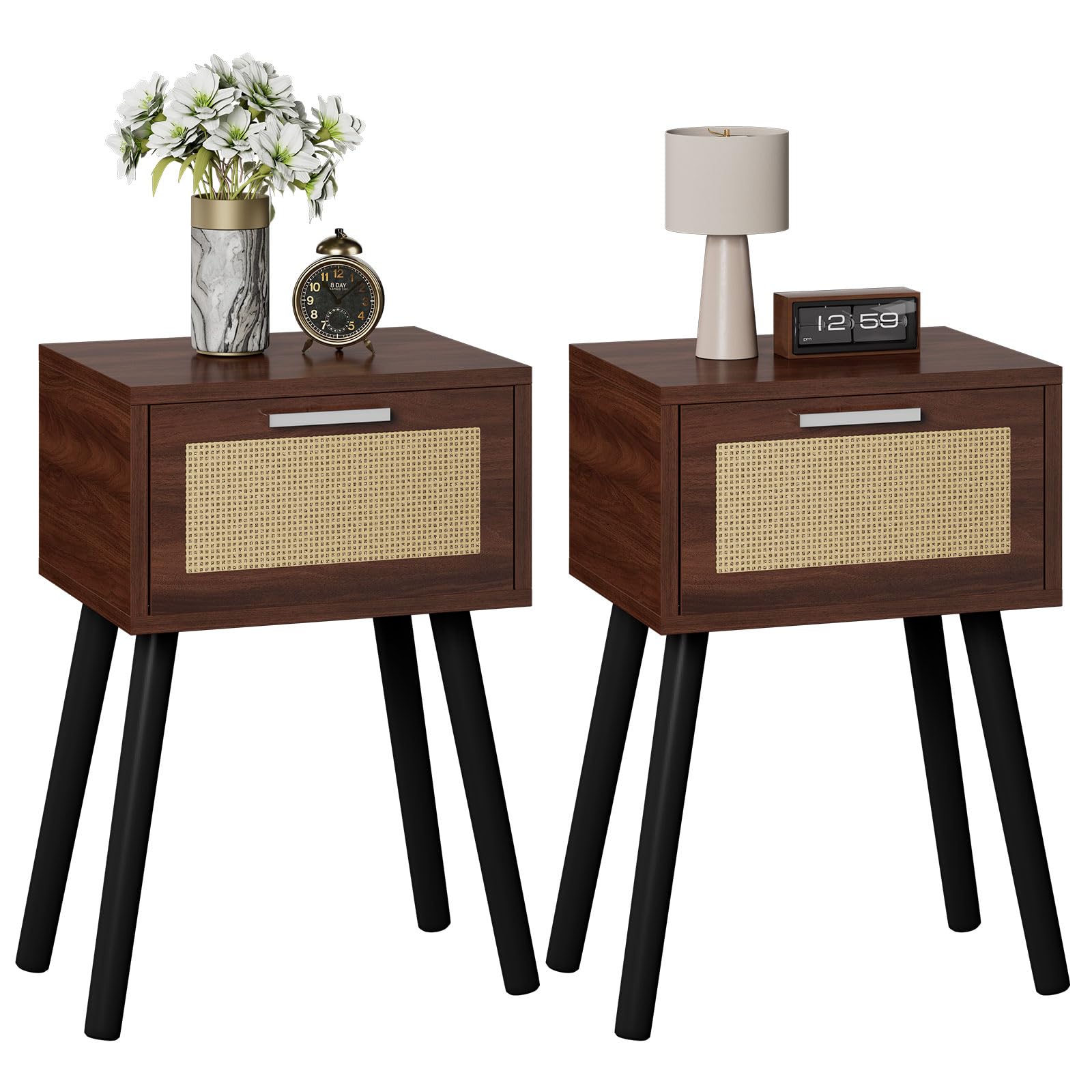 YMYNY Nightstand Set of 2, End Table, Small Bedside Table, Handmade Rattan Decorated Drawer, Solid Wood Legs, 35×27×53cm, Modern Side Table for Bedroom, Living Room, Walnut HST010LW-2 — image 1