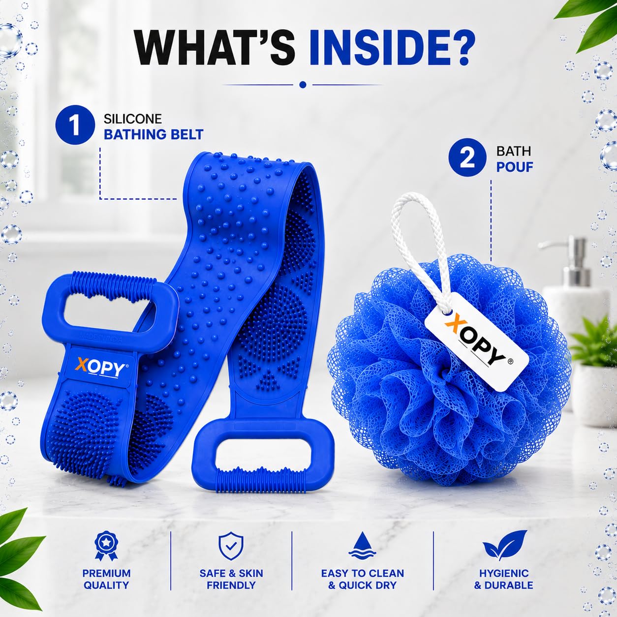 XOPY 2 in 1 Combo of Silicone Back Scrubber Belt with Long Handle and Mesh Bath Loofah Pouf, for Men & Women