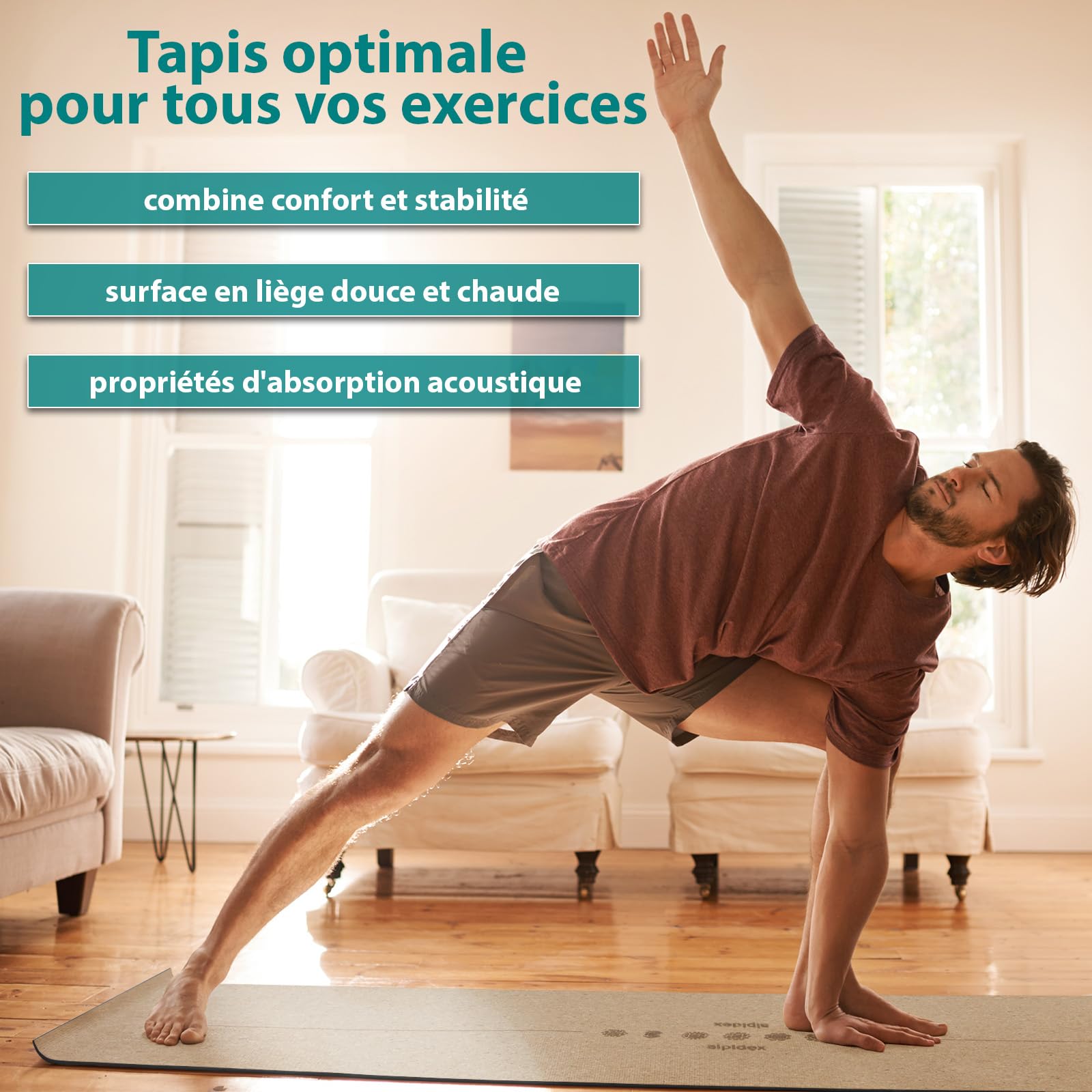 ALPIDEX Tapis Yoga Liège Naturel TPE 183 x 61 x 0,6 cm E-Book Sac Transport Mat Antidérapant Pilates Gymnastique Fitness