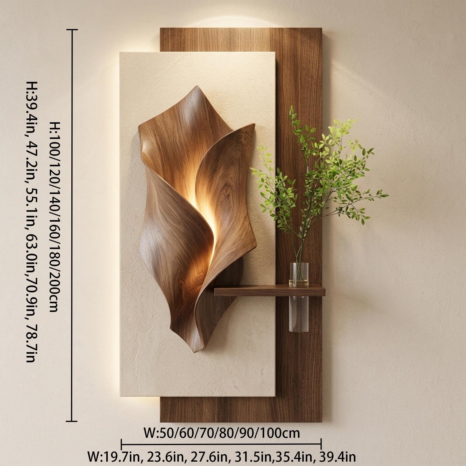 Arte de Pared 3D con Luz LED y Jarrón: Escultura de Arenisca Decorativa | Textura 3D hecha a mano, iluminación LED ambiental cálida, jarrón integrado versátil(A,39.4IN*19.7IN_ORDINARY STYLE)