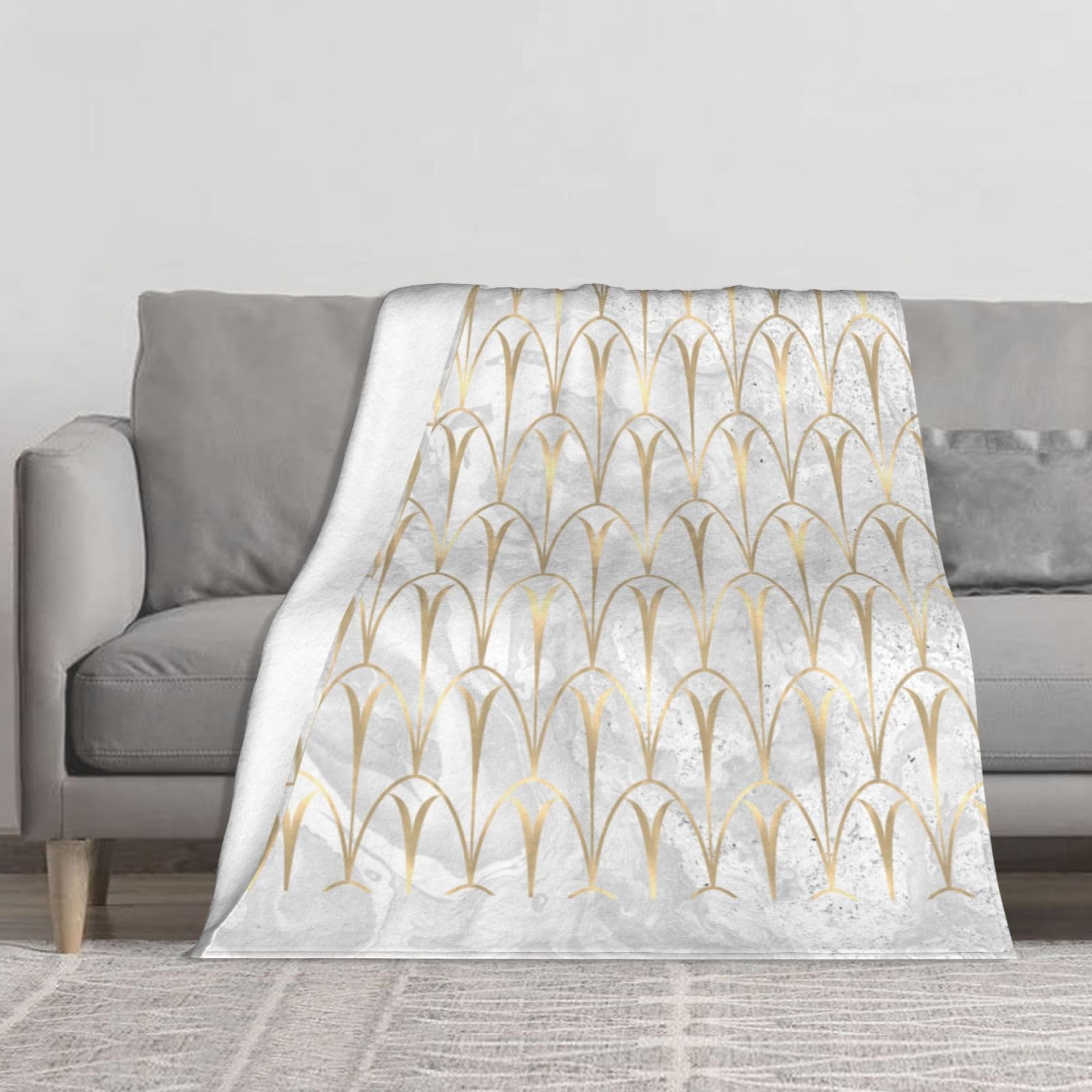 Bywenhopnbs As Picture Art Deco Scales Geometry White Grey Gold Marble,Super Soft Thick Comfy Cozy Throw Flannel Blanket Couch 60"X50"