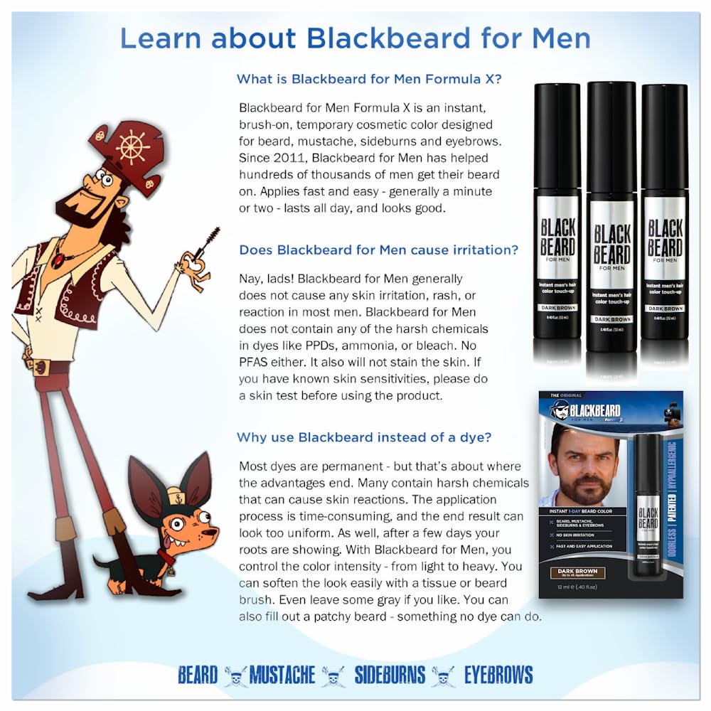 Blackbeard for Men Formula X Instant Mustache, Beard, Eyebrow and Sideburns Color - Fast, Easy, Mens Grooming, Beard Dye Alternative, Light/Medium Brown, 1 Pack