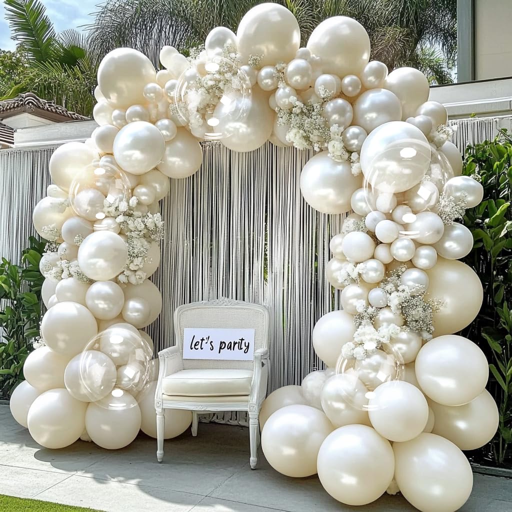 Pearl Sand White Balloon Arch Double Stuffed White Ivory Cream Beige Balloon Garland Kit Different Sizes 12/10/5in With Clear Bobo Balloons for Birthday Wedding Bridal Baby Shower Baptism Party Decor
