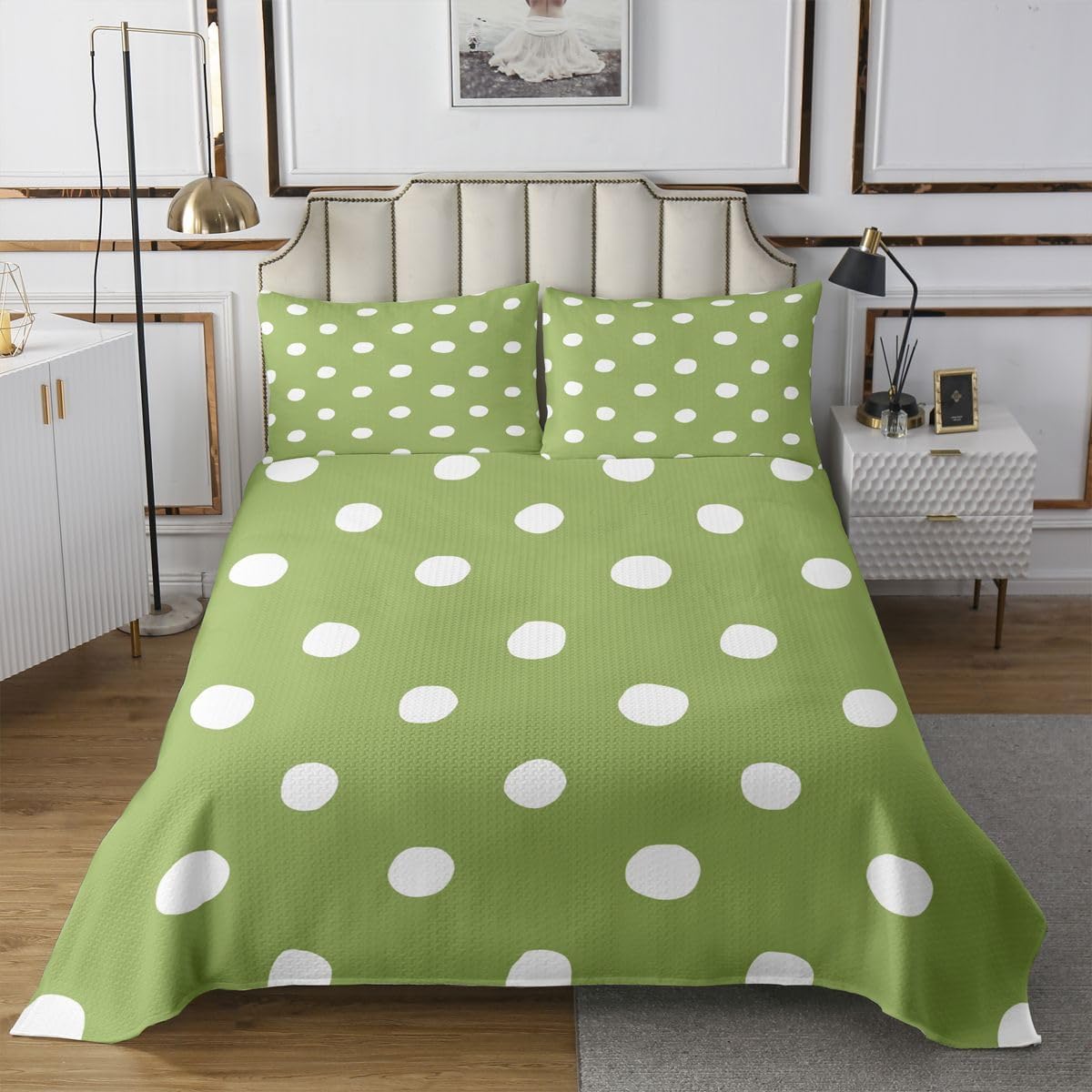 Homewish Polka Dot Quilt Sets Queen Size,Light Green Dot Bedspread 3Pcs for Kids Teens Youth Room Decor,Cute Cartoon Dots Bedding Sets Minimalist Style Coverlet,2 Pillowcases