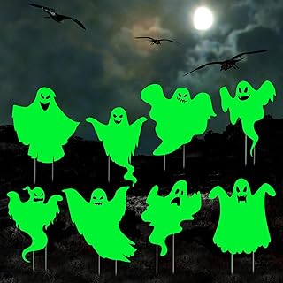 8 Pcs Halloween Yard Signs Ghost Outdoor Yard Signs with Stakes Glow in The Dark Halloween Decorations Outdoor Spooky Luminous Scary Lawn Sign for Holiday Garden Home Party Decor