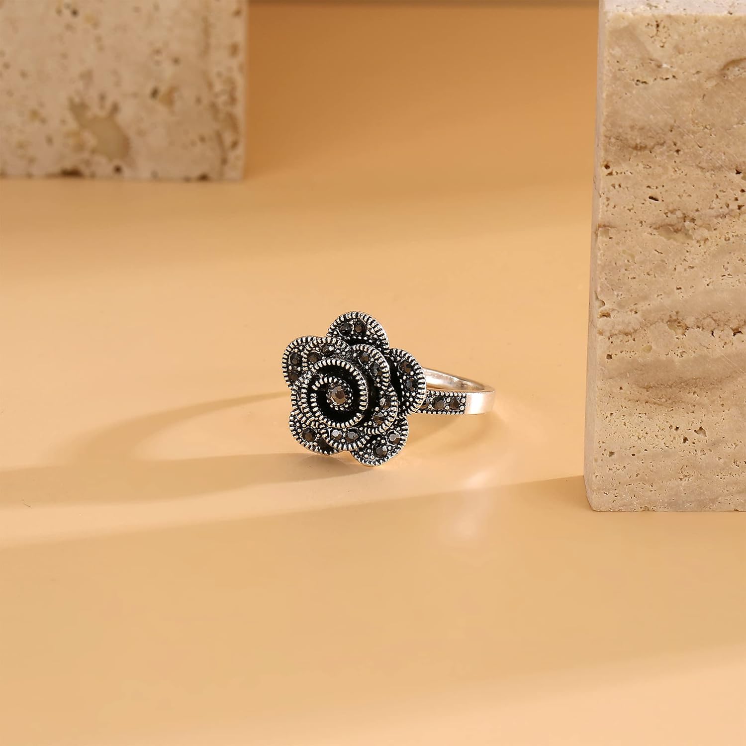 Mytys Vintage Wide Ring Classic Black Marcasite Crystal Rows Statement Silver Chunky Rings - Image 7