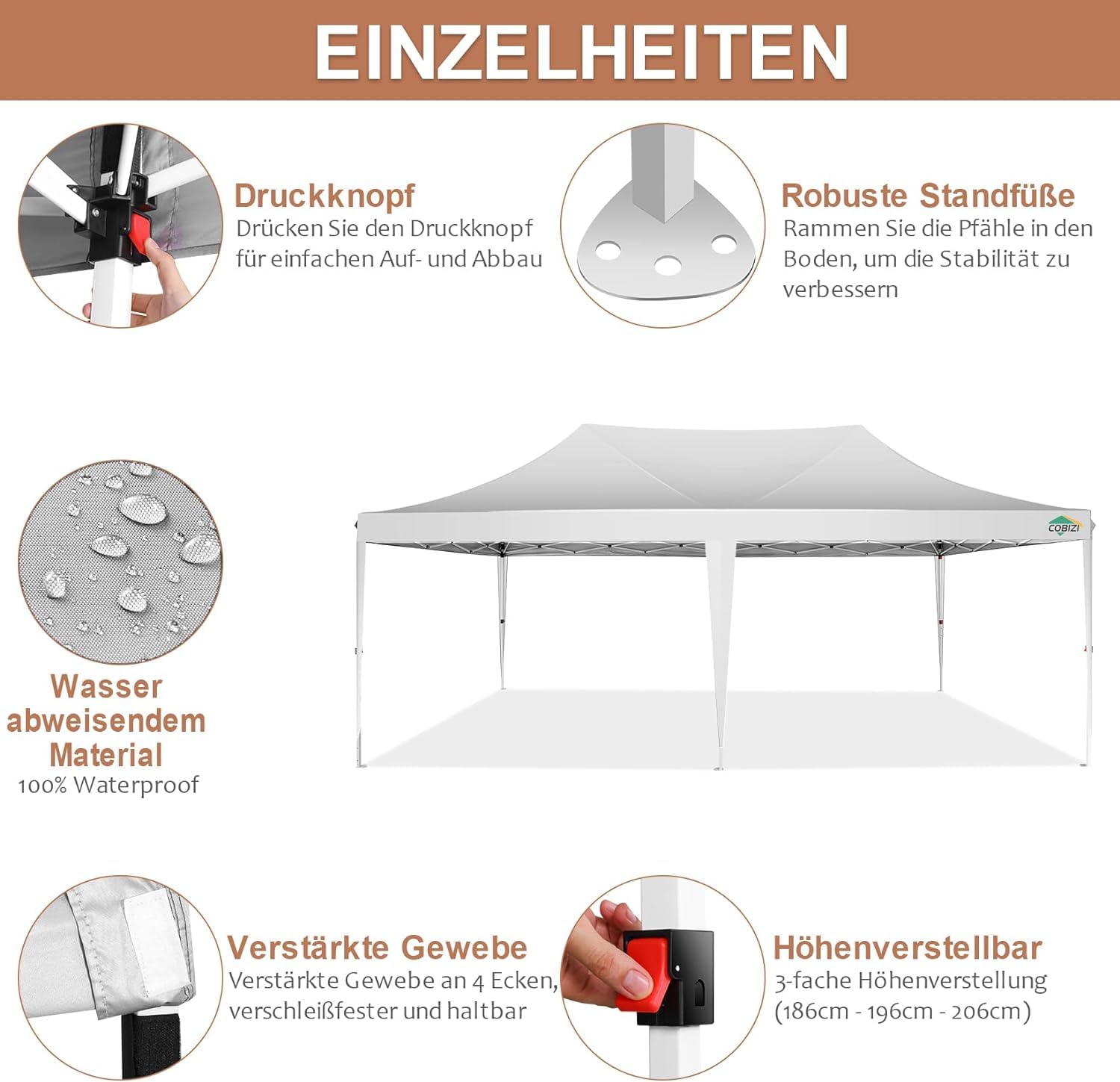 COBIZI Pavillon 3x6,Faltpavillon 3x6 Wasserdicht Stabil Winterfest, Sofort aufklappbare Vordächer Outdoor Gartenzelt mit 6 Seitenteilen, für Party Garten Festival, Weiß | Upgrade 210D Oxford-Gewebe (UPF50+), höhenverstellbar 300-320cm, für Garten/Partys/E