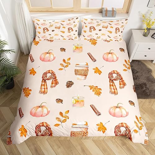 Juego de ropa de cama de acuarela de otoño, tamaño King para el hogar, funda de edredón de hojas de arce y calabaza naranja, funda de edredón